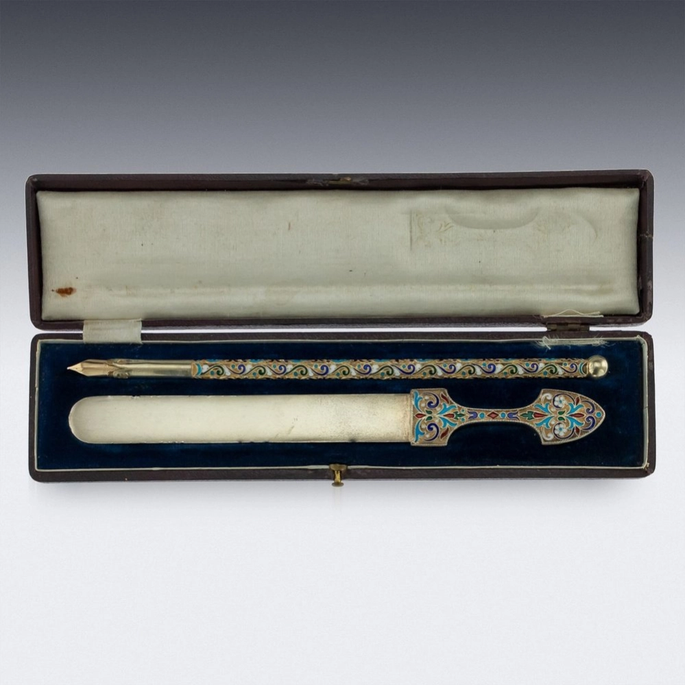 Russian silver-gilt enamel desk set