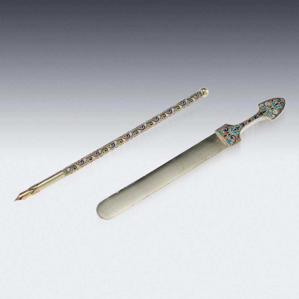 Russian silver-gilt enamel desk set