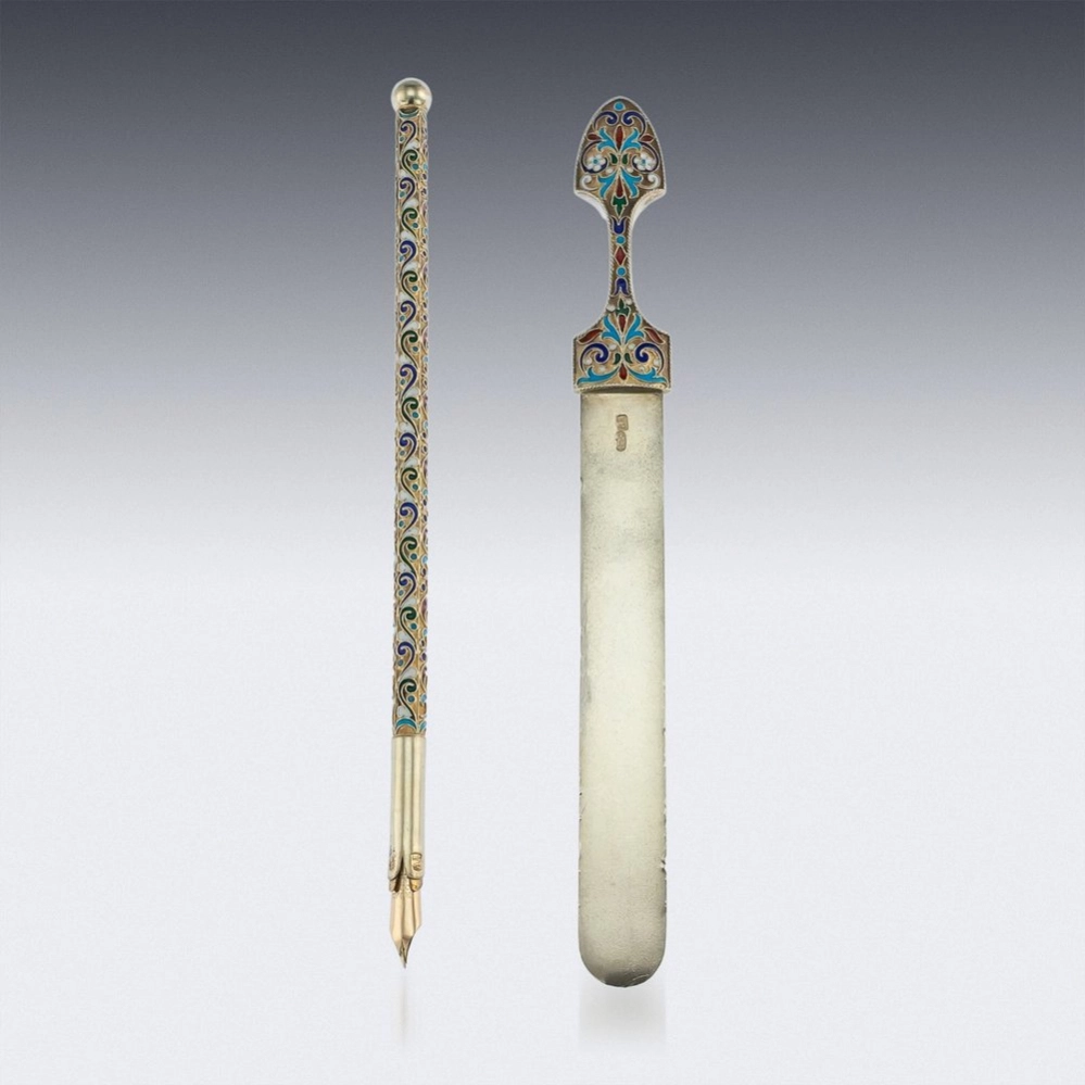 Russian silver-gilt enamel desk set