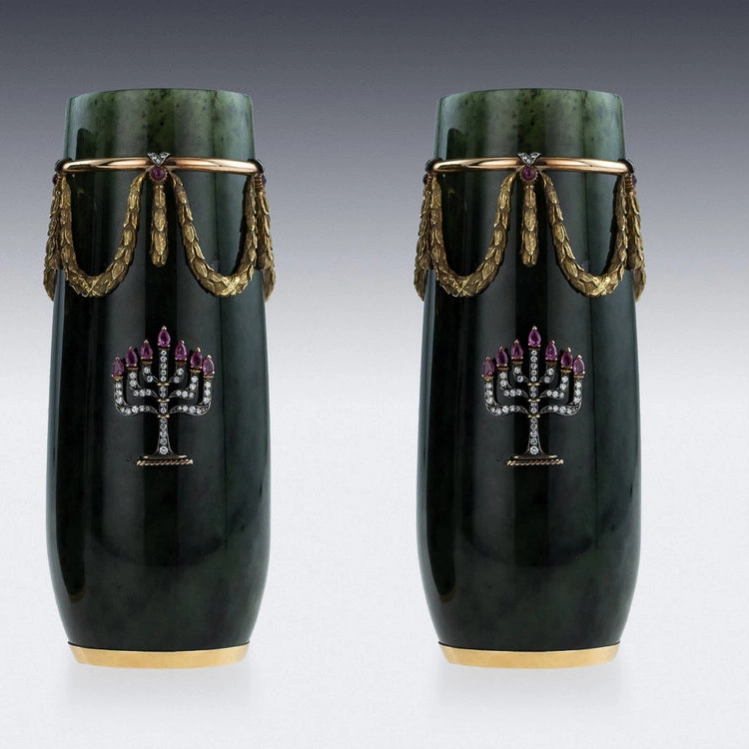 RUSSIAN STYLE 18K GOLD, NEPHRITE, DIAMONDS, RUBIES, VASES