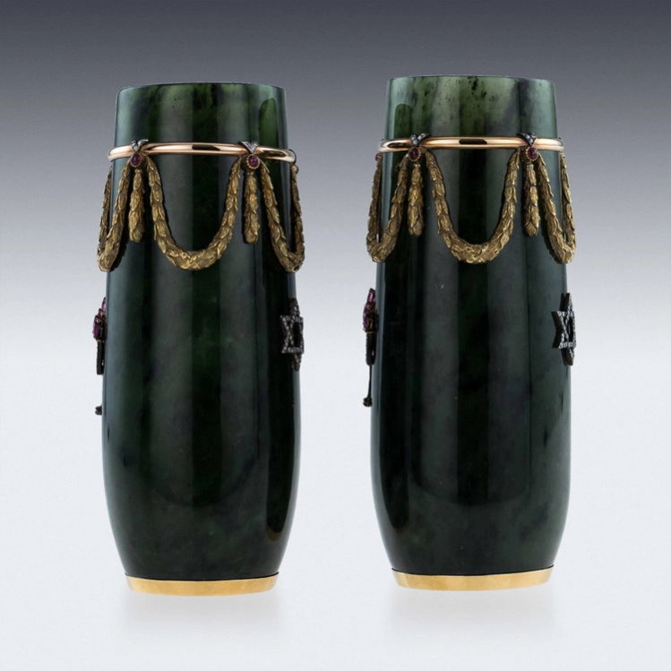 RUSSIAN STYLE 18K GOLD, NEPHRITE, DIAMONDS, RUBIES, VASES