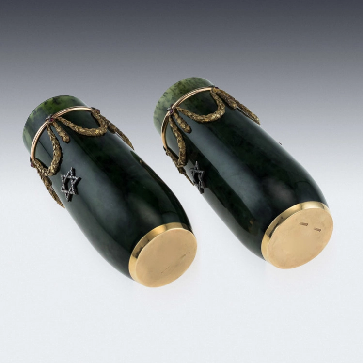 RUSSIAN STYLE 18K GOLD, NEPHRITE, DIAMONDS, RUBIES, VASES
