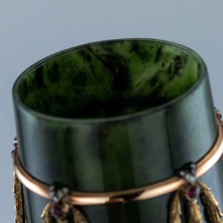 RUSSIAN STYLE 18K GOLD, NEPHRITE, DIAMONDS, RUBIES, VASES