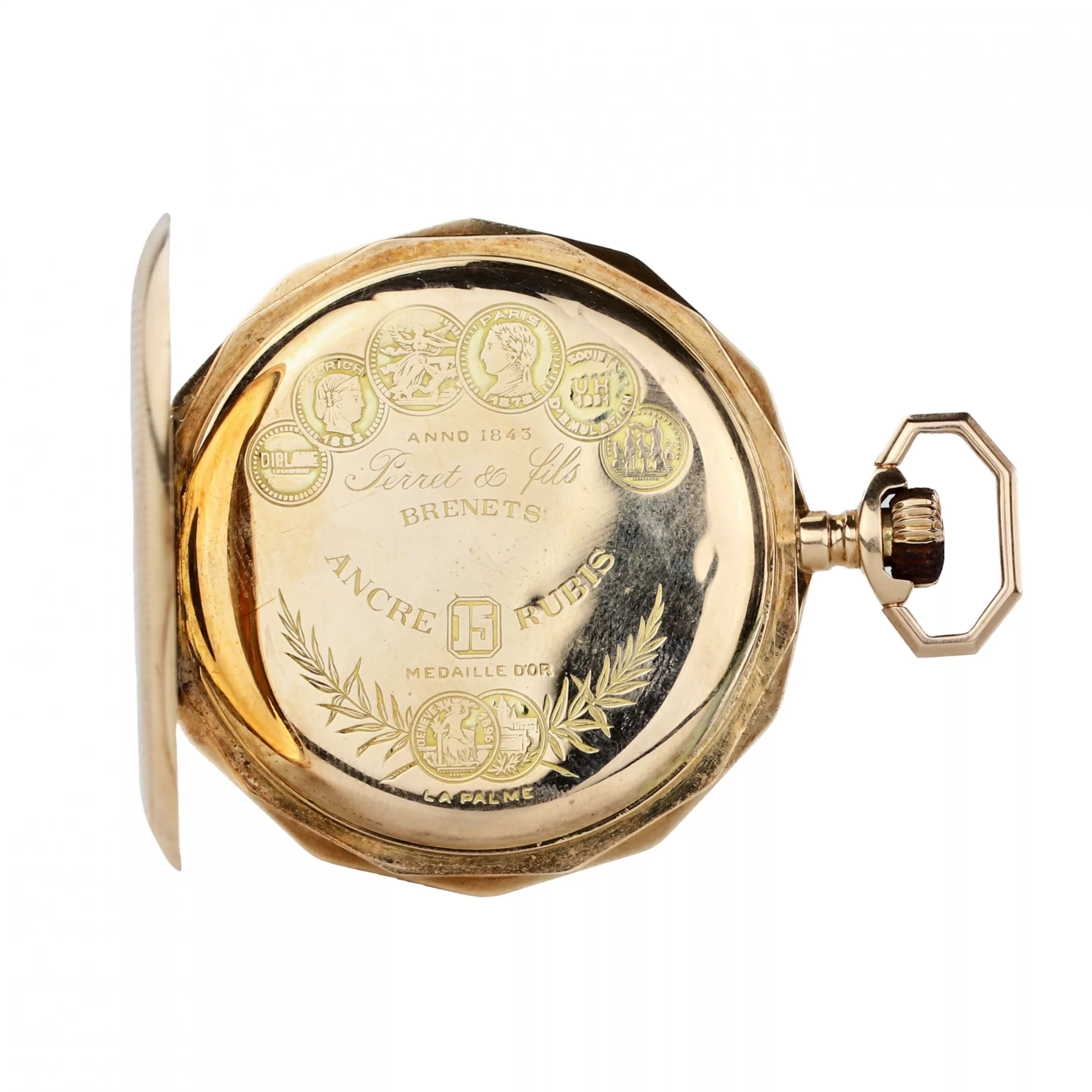 Montre de poche en or Perret et Fils Brenets. Debut du 20ème siècle. 67,2 gr 