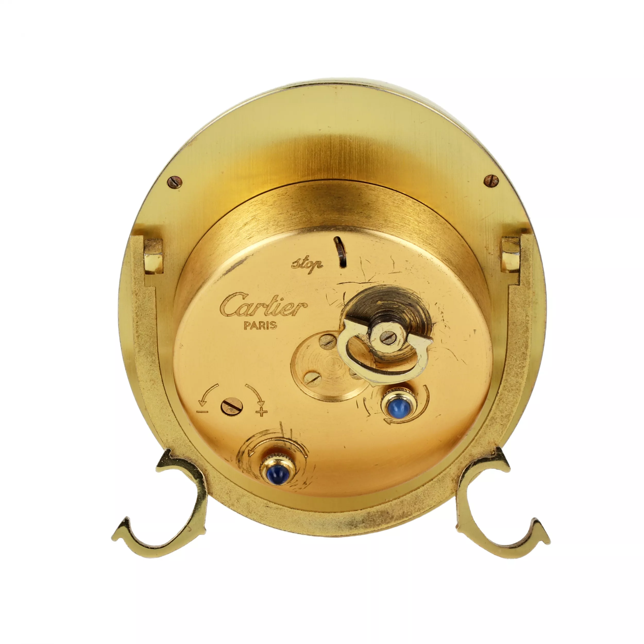 CARTIER. Reveil de voyage en metal dore avec email. 