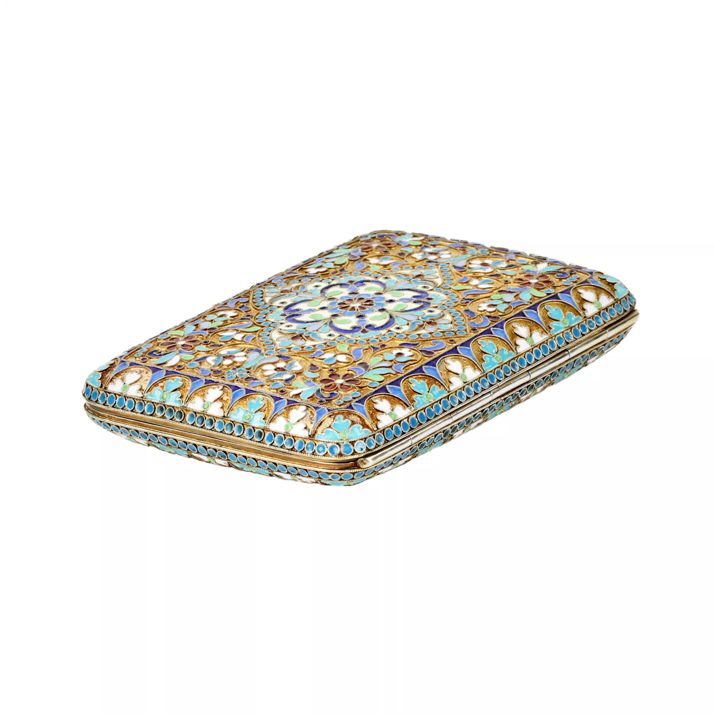 Silver cigarette case with gilding and cloisonne enamels. 