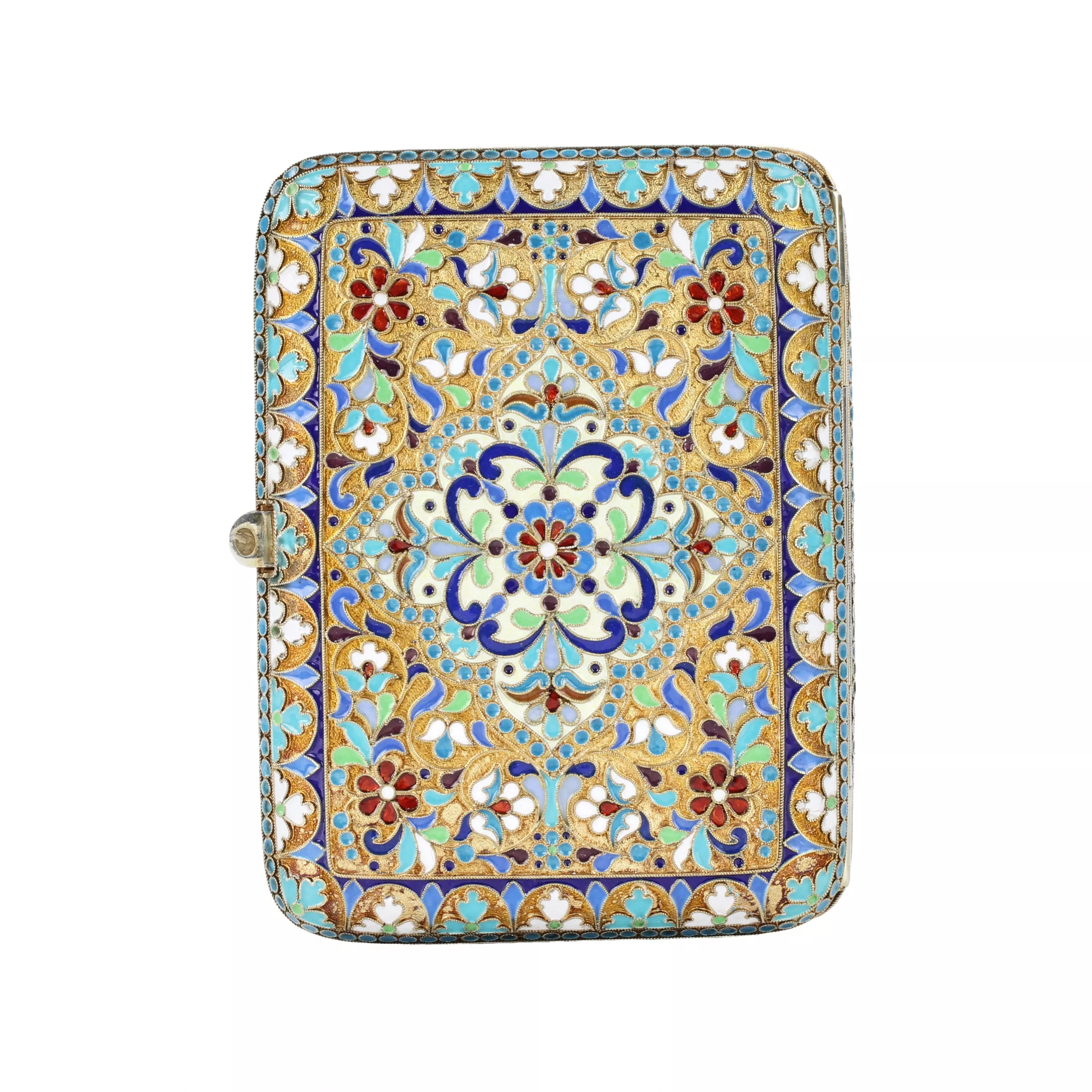 Silver cigarette case with gilding and cloisonne enamels. 