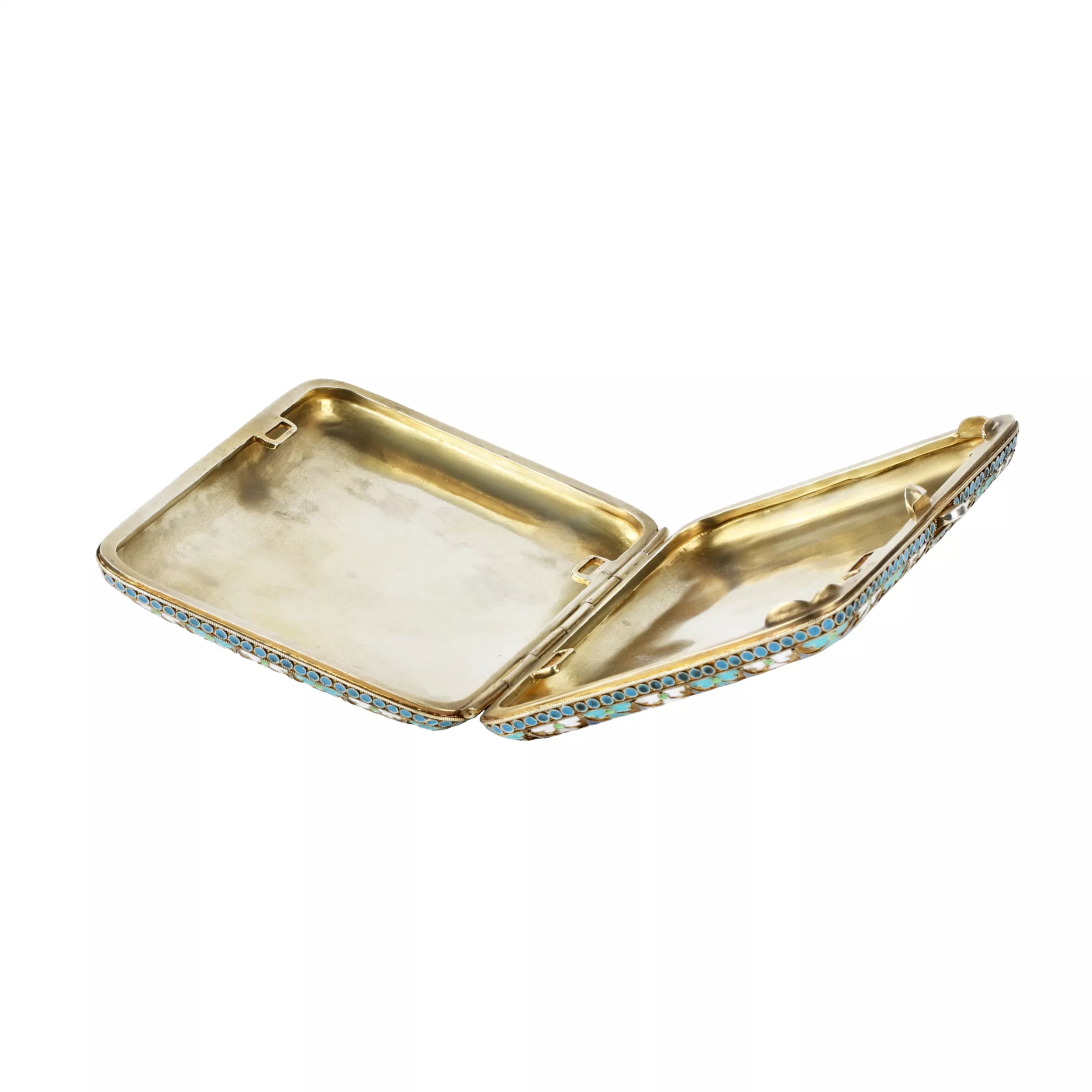 Silver cigarette case with gilding and cloisonne enamels. 