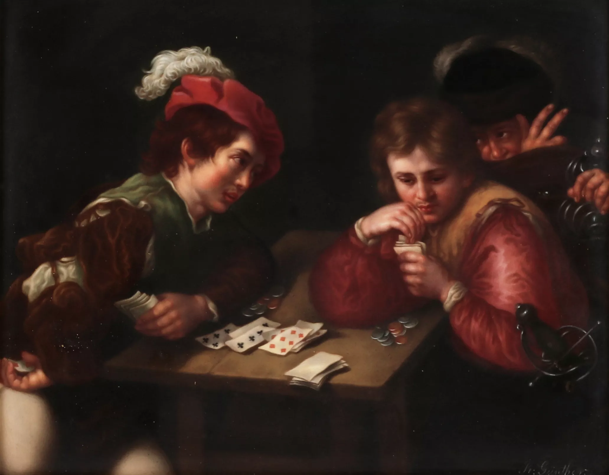 R. Gunther. Couche en porcelaine allemande d`après Valentin de Boulogne. Les joueurs. Le tournant du 19e-20e siècle. 