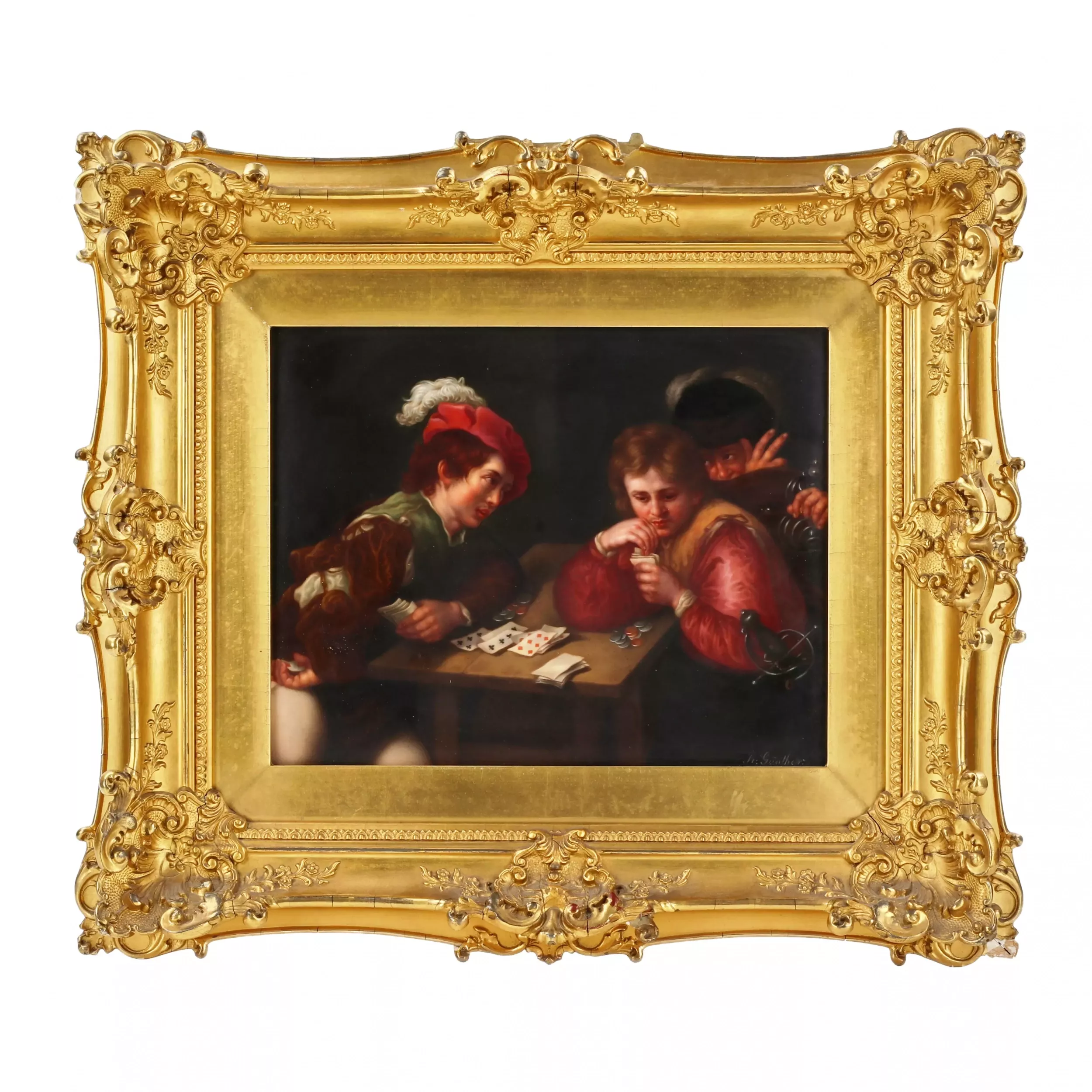 R. Gunther. Couche en porcelaine allemande d`après Valentin de Boulogne. Les joueurs. Le tournant du 19e-20e siècle. 