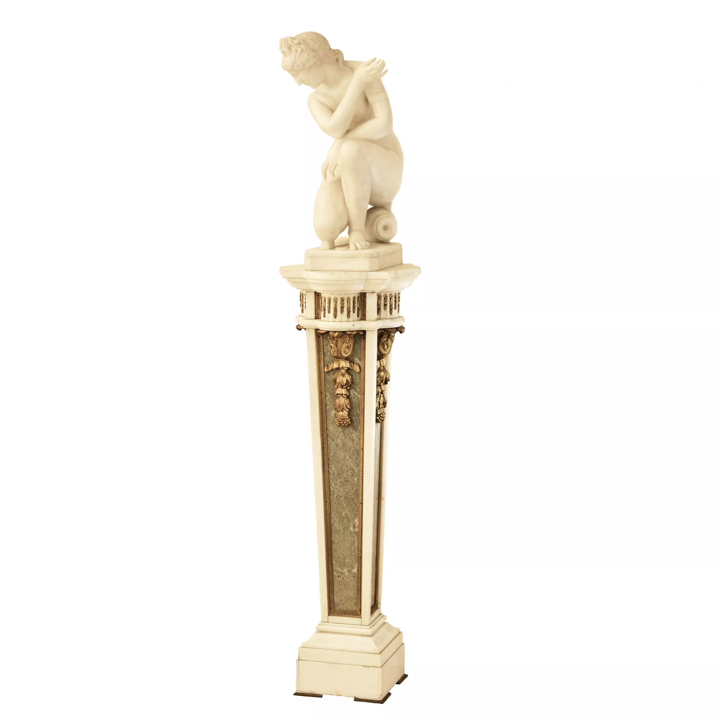 Magnifique sculpture en marbre sur console. Baignade de Venus. Italie. 19ème siècle. 