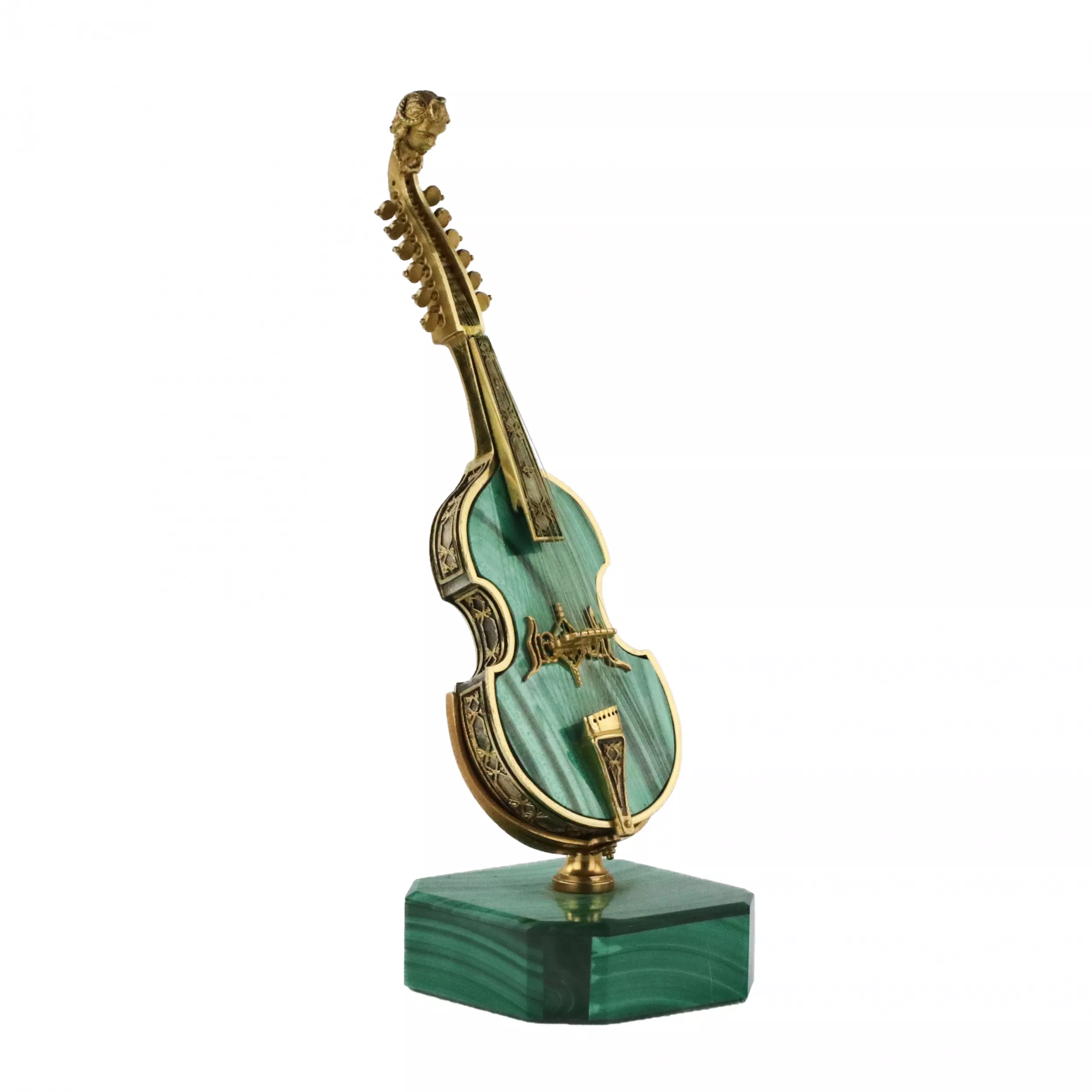 Malachite, miniature en argent dore d`un instrument de musique ancien Viol d`amour, œuvre de joailliers italiens du XXe siècle. 