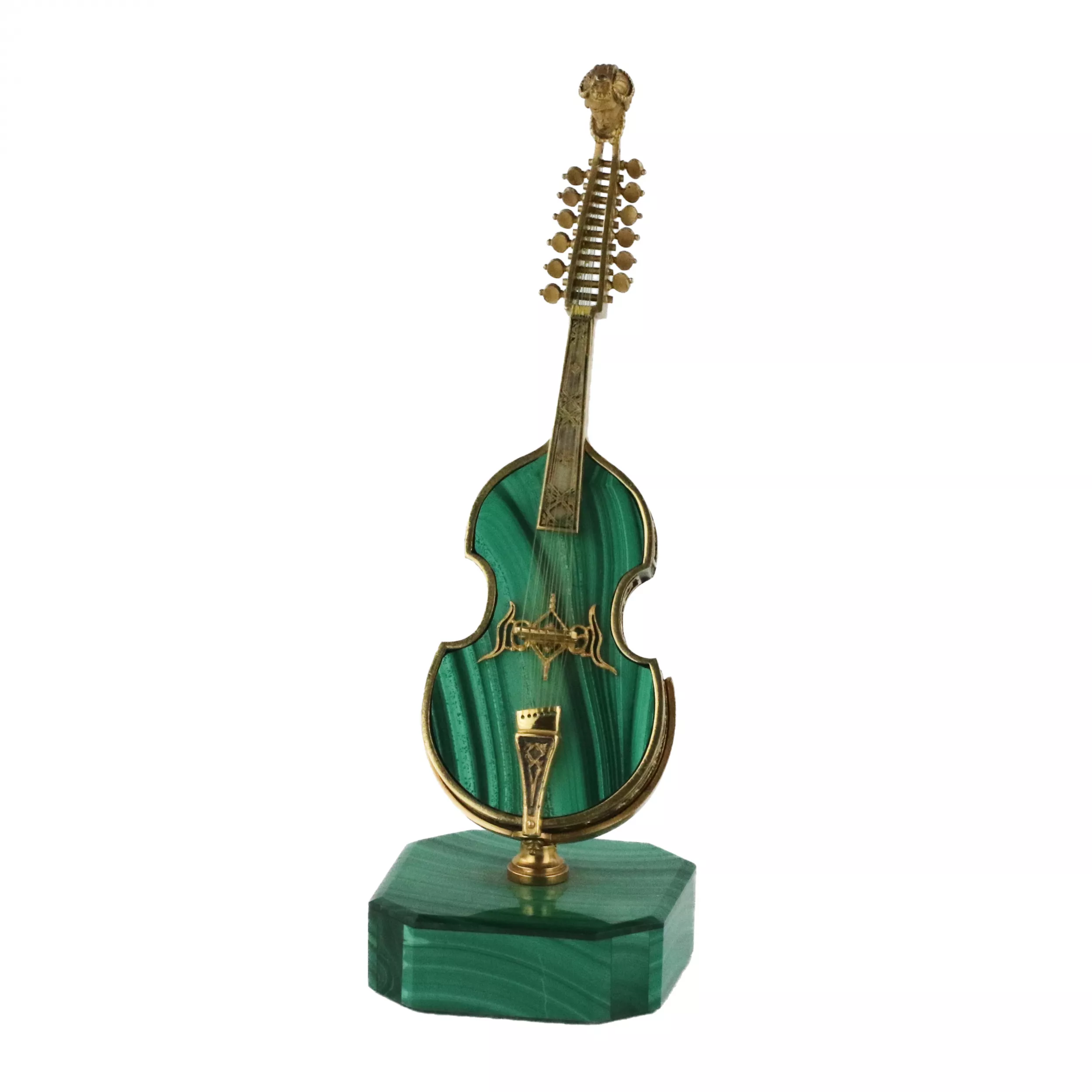 Malachite, miniature en argent dore d`un instrument de musique ancien Viol d`amour, œuvre de joailliers italiens du XXe siècle. 