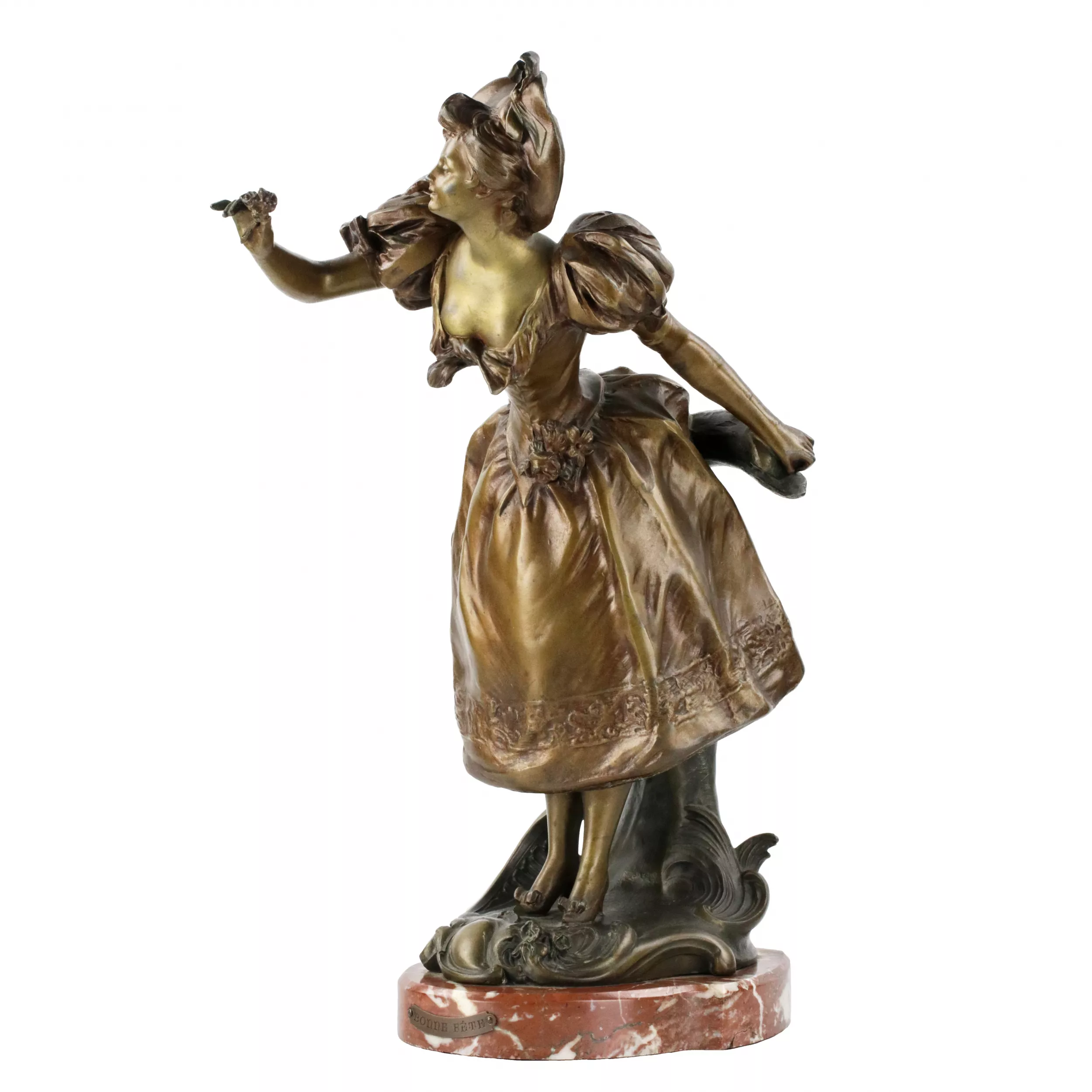 Figurine française en metal bronze sur socle en marbre. Joyeuses vacances. 