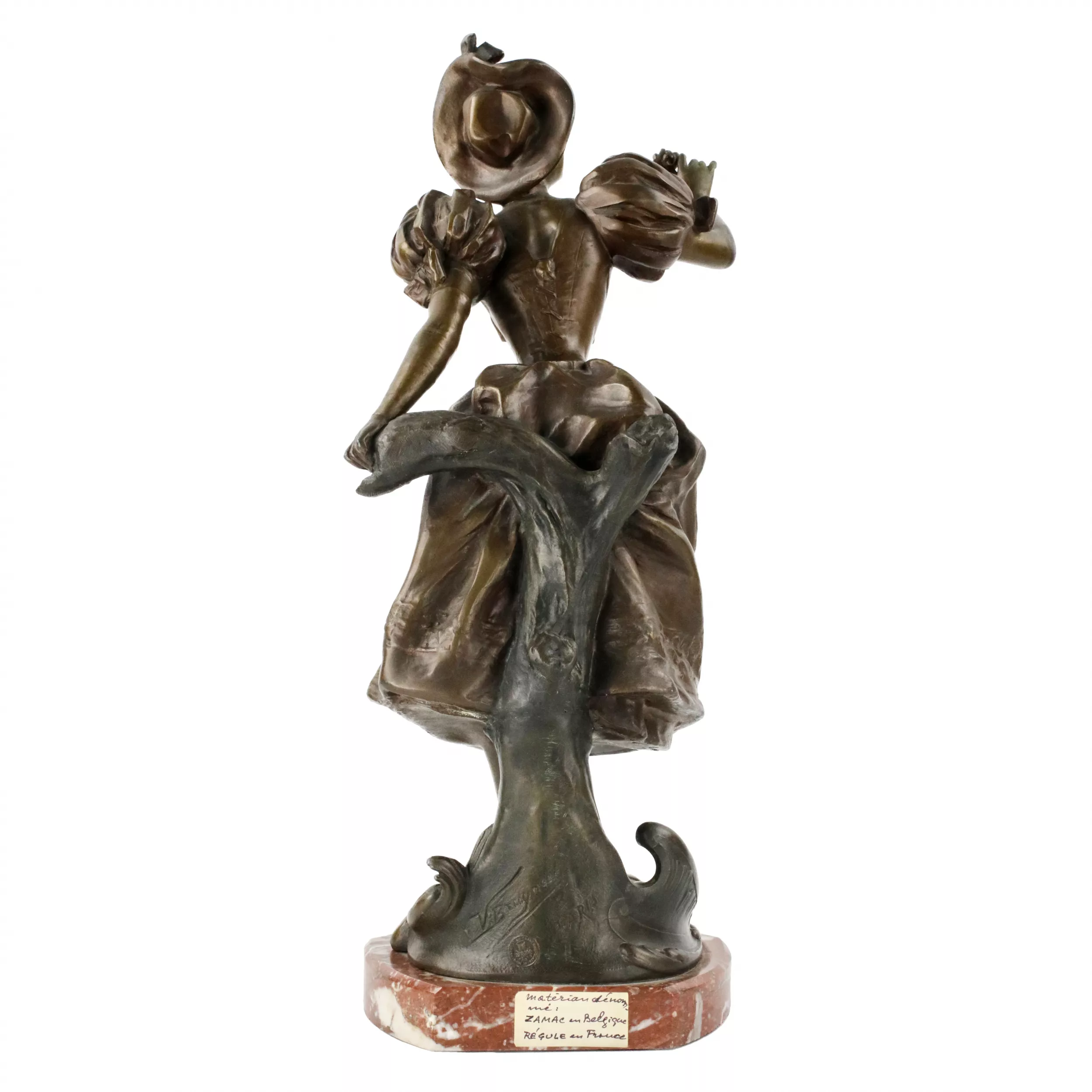 Figurine française en metal bronze sur socle en marbre. Joyeuses vacances. 