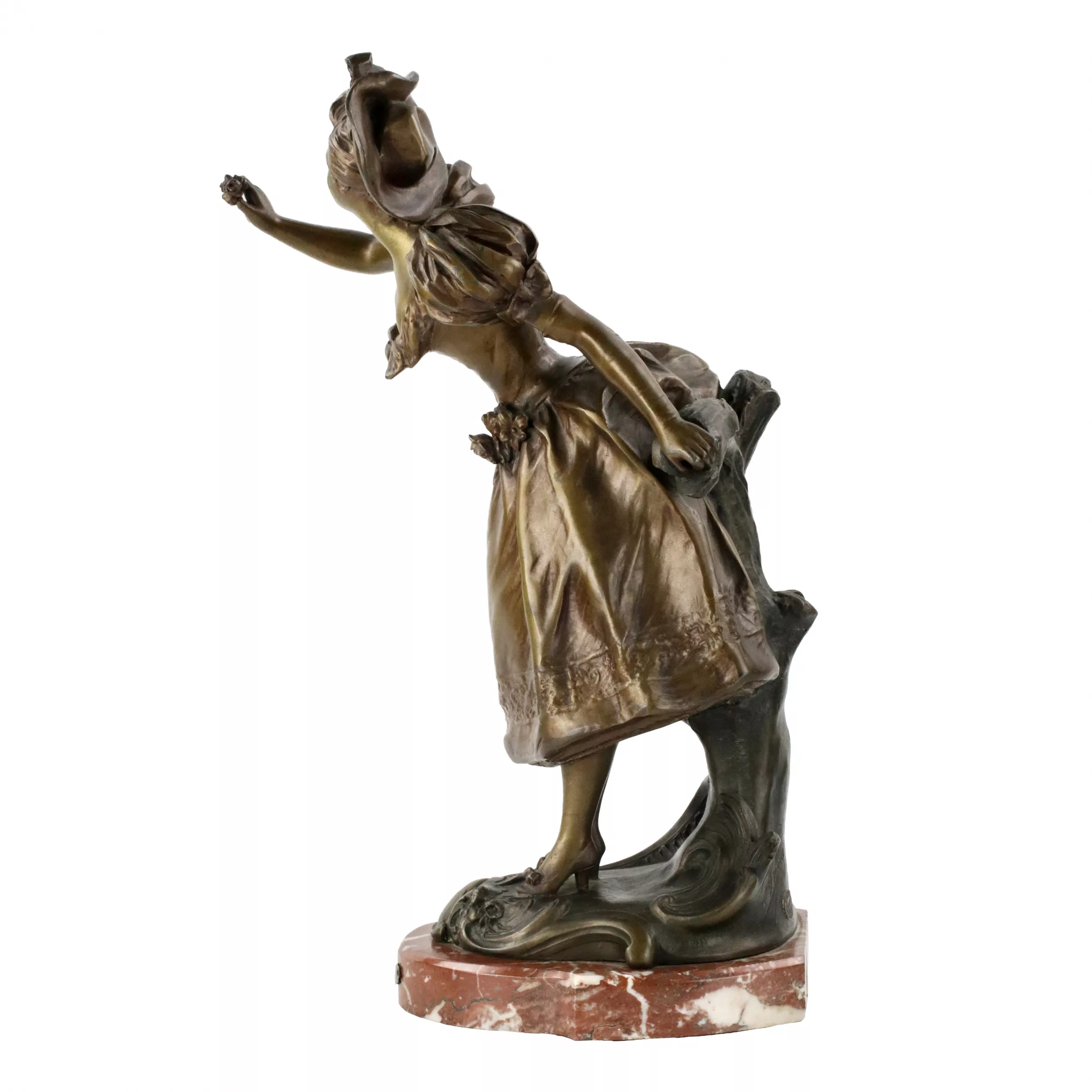 Figurine française en metal bronze sur socle en marbre. Joyeuses vacances. 