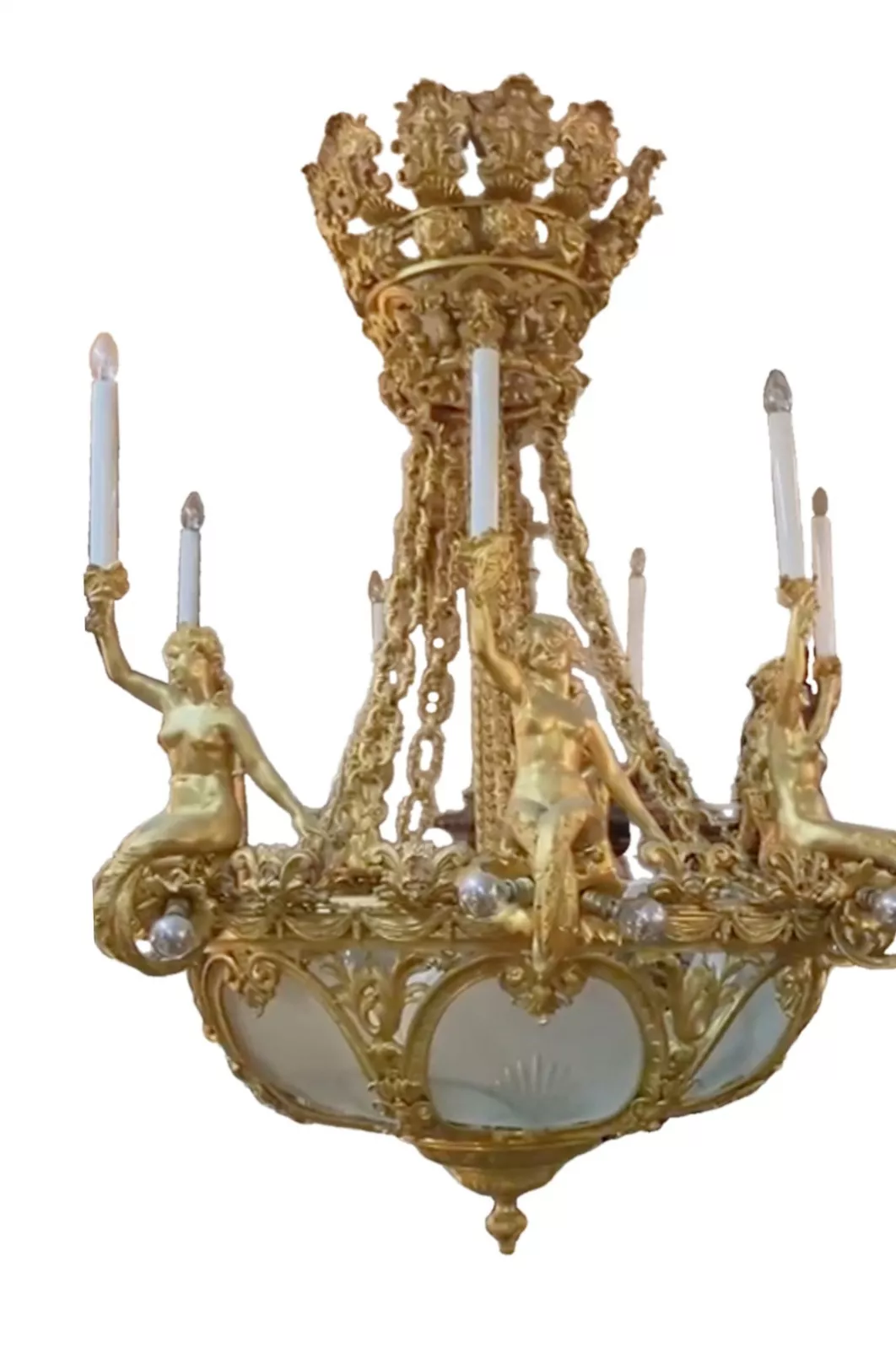 Bronze, gilded chandelier with amphitrides for 7 candles, last quarter of the 19th century.