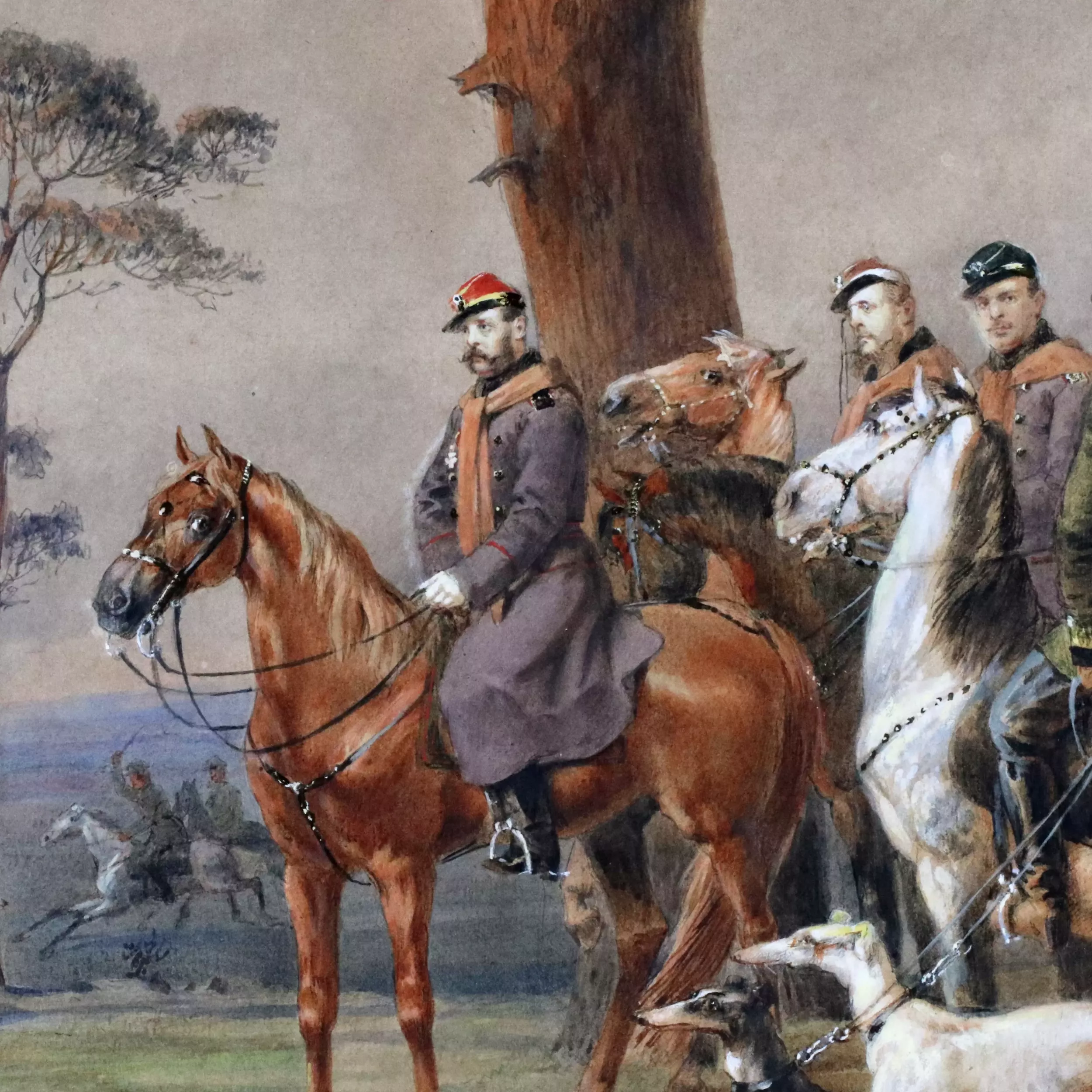 M.A. Zichy. Watercolor. Horse hunting of Alexander II near St. Petersburg. 