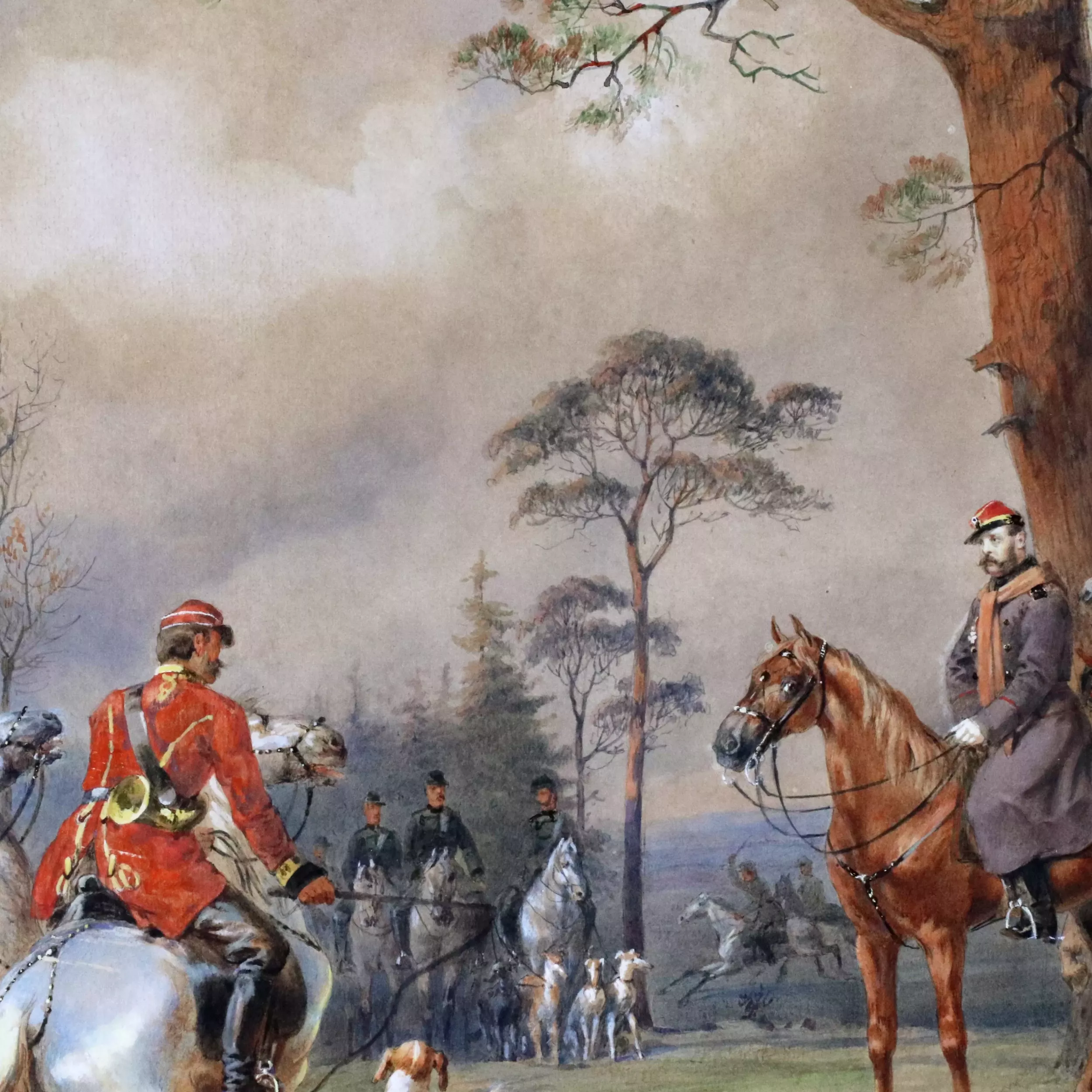 M.A. Zichy. Watercolor. Horse hunting of Alexander II near St. Petersburg. 