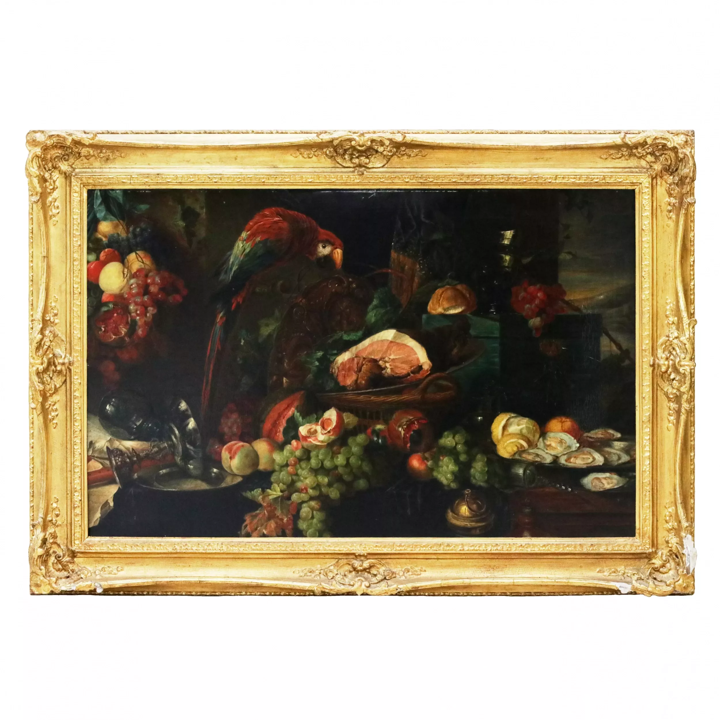 Nature morte majestueuse avec des cadeaux de la nature et un perroquet. 19ème siècle. Par Jan David De Heem. 