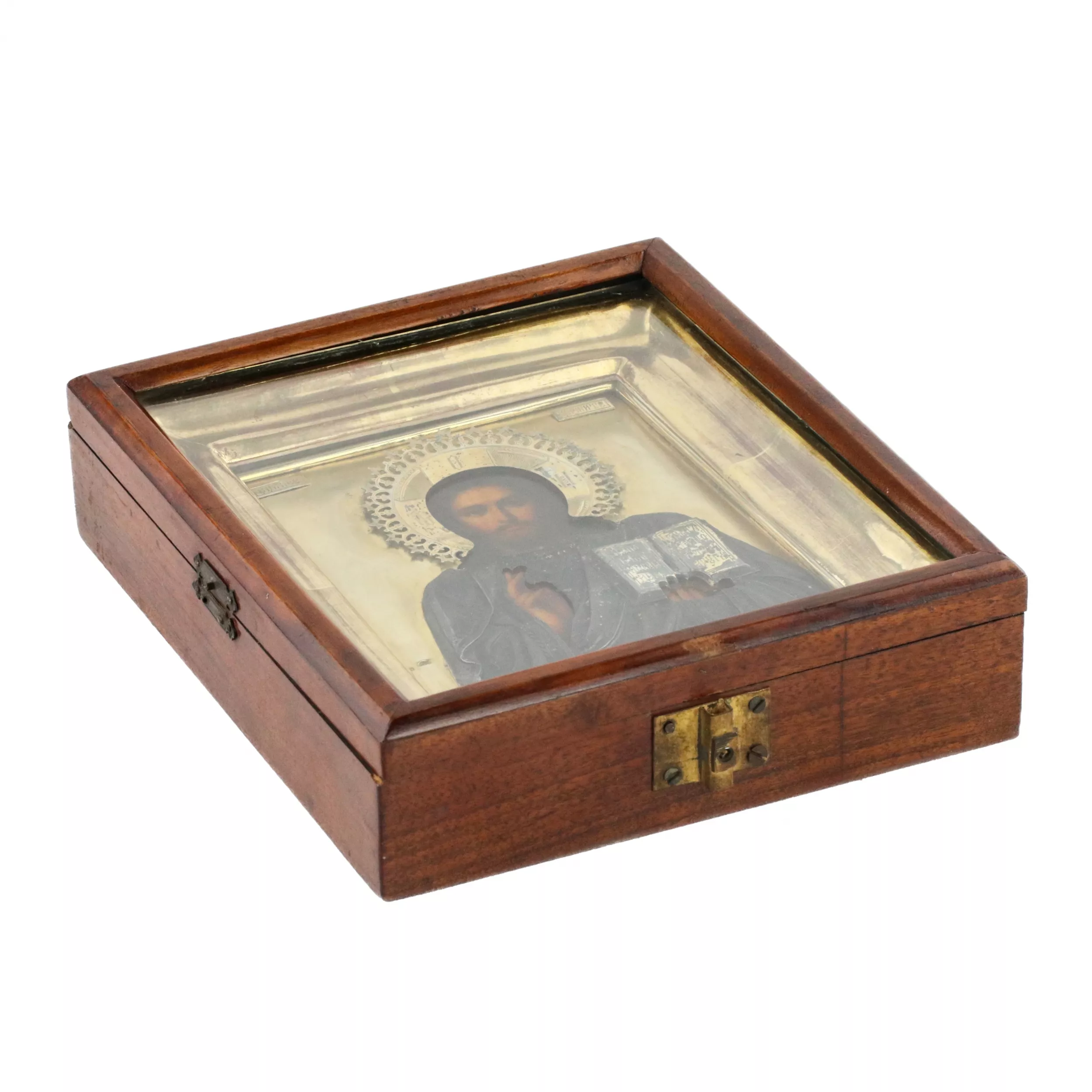 Icône du Tout-Puissant de l`epoque Art Nouveau, dans un cadre en argent dore et son propre boîtier d`icône. 