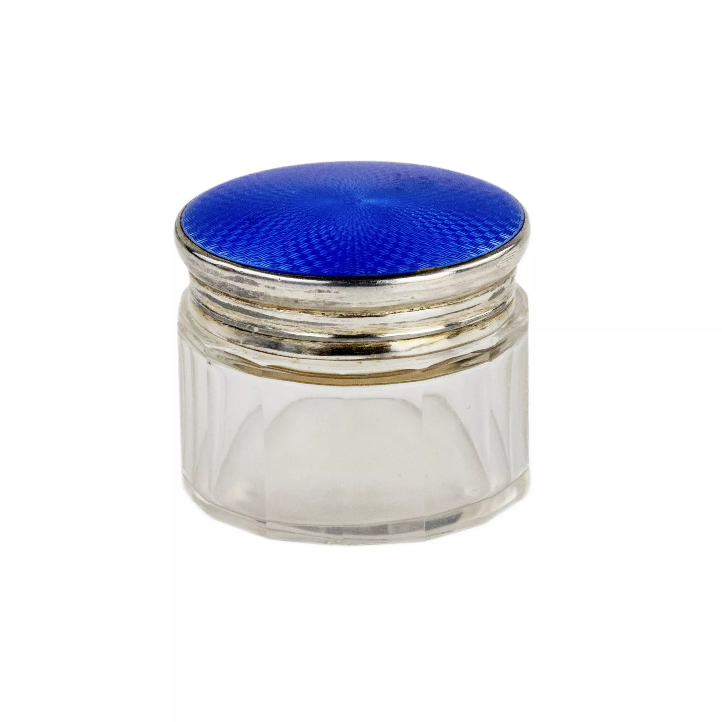 Coffret de dame en verre avec couvercle en email guilloche argent. Angleterre 20ème siècle. 