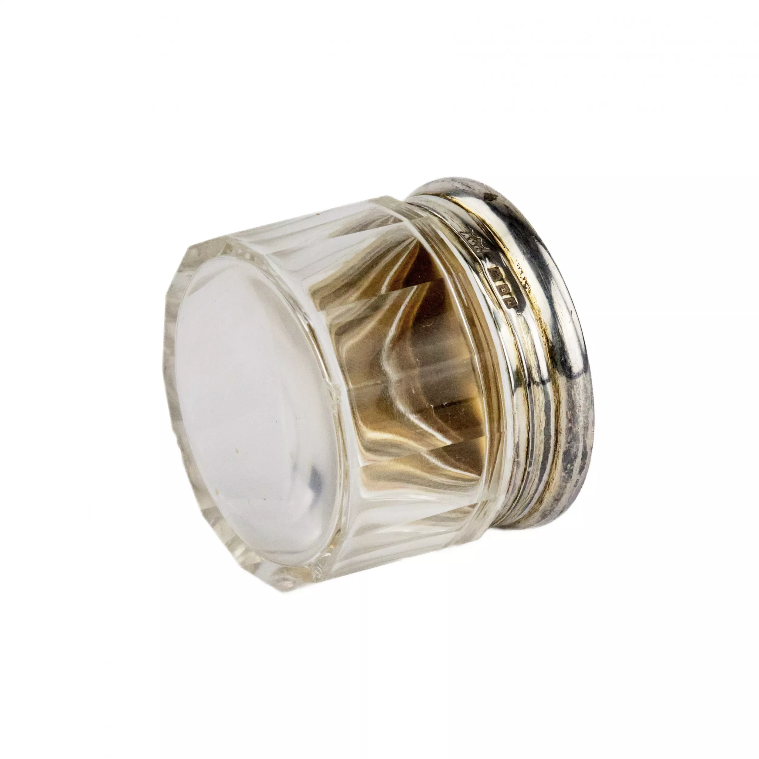 Coffret de dame en verre avec couvercle en email guilloche argent. Angleterre 20ème siècle. 