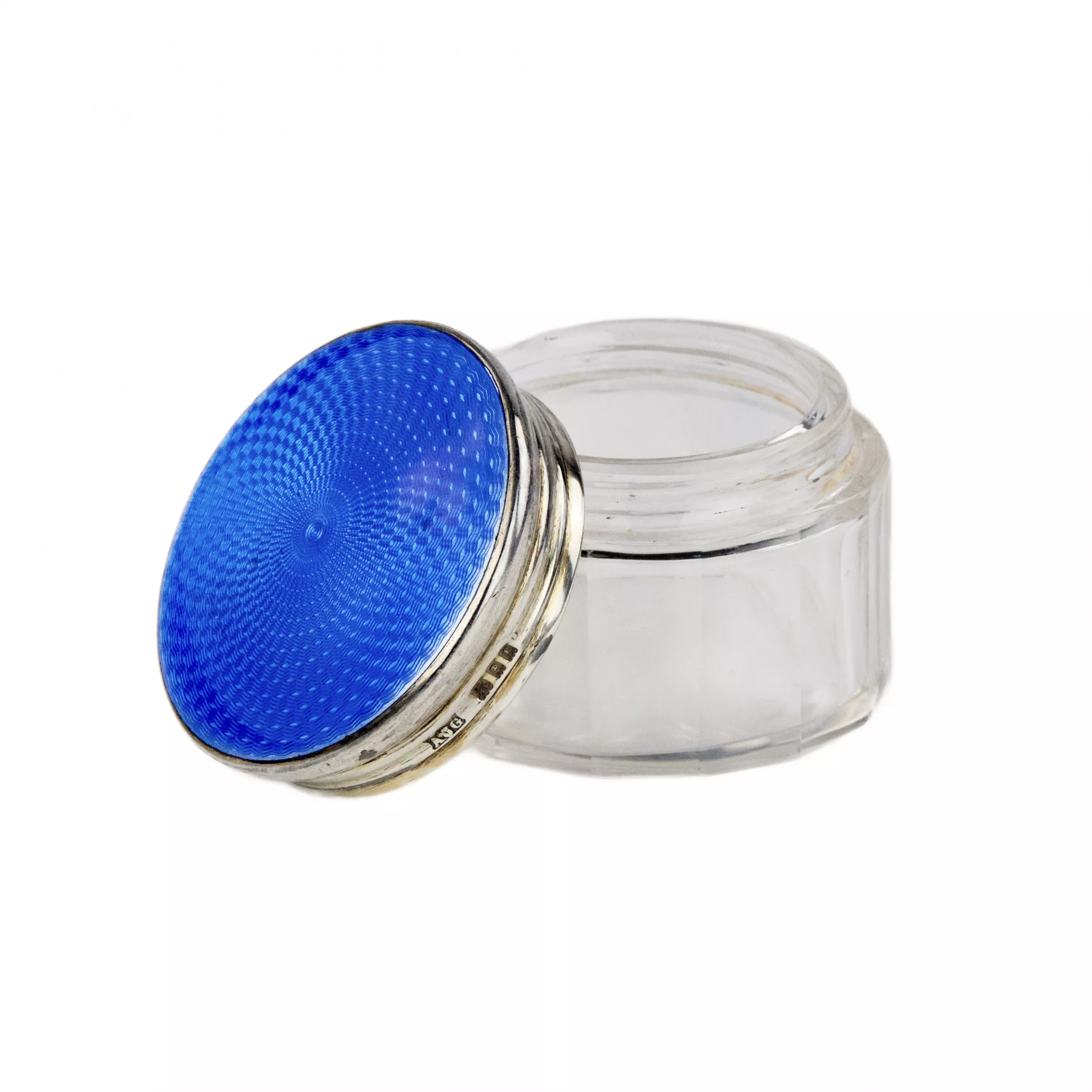 Coffret de dame en verre avec couvercle en email guilloche argent. Angleterre 20ème siècle. 