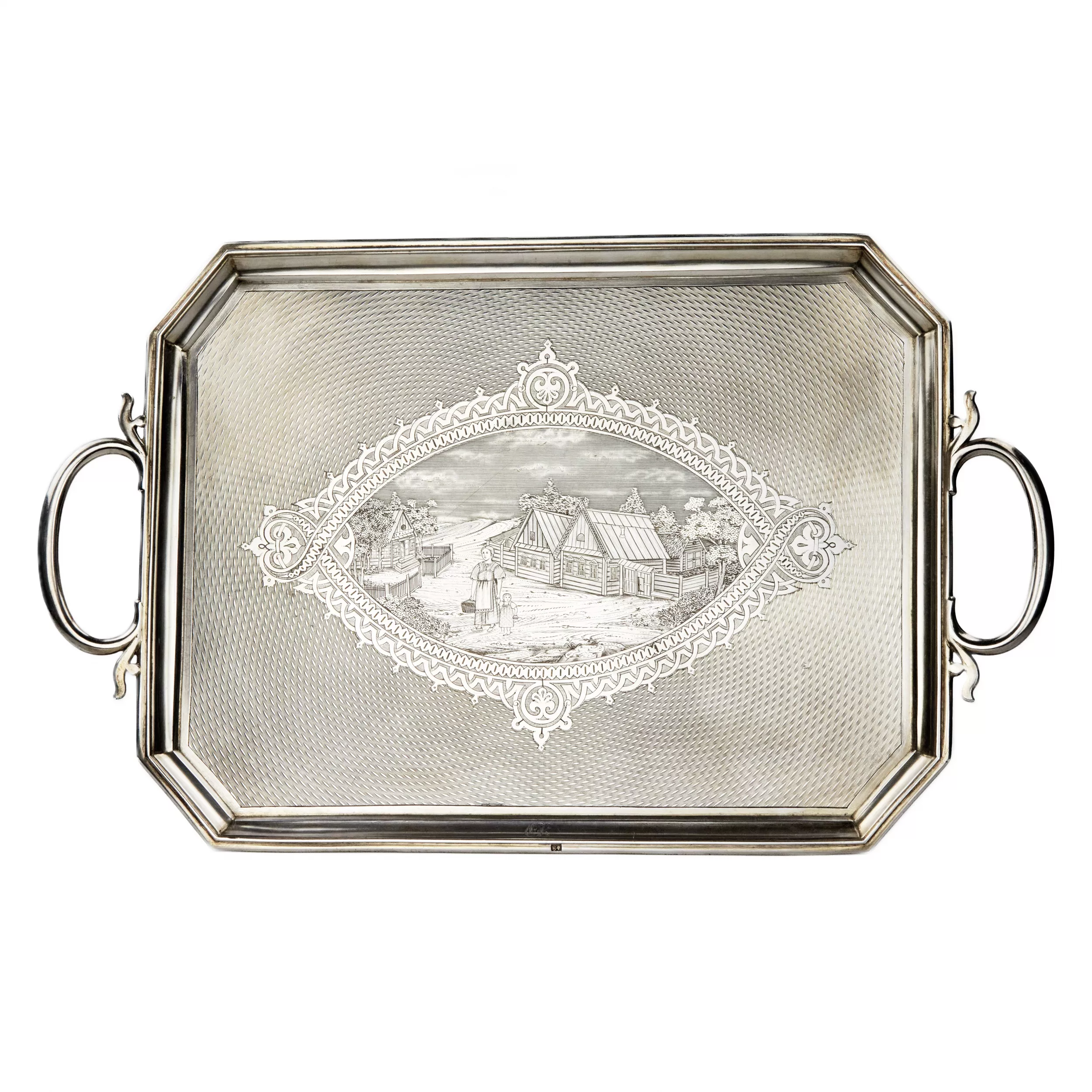 Plateau en argent representant un paysage russe. 