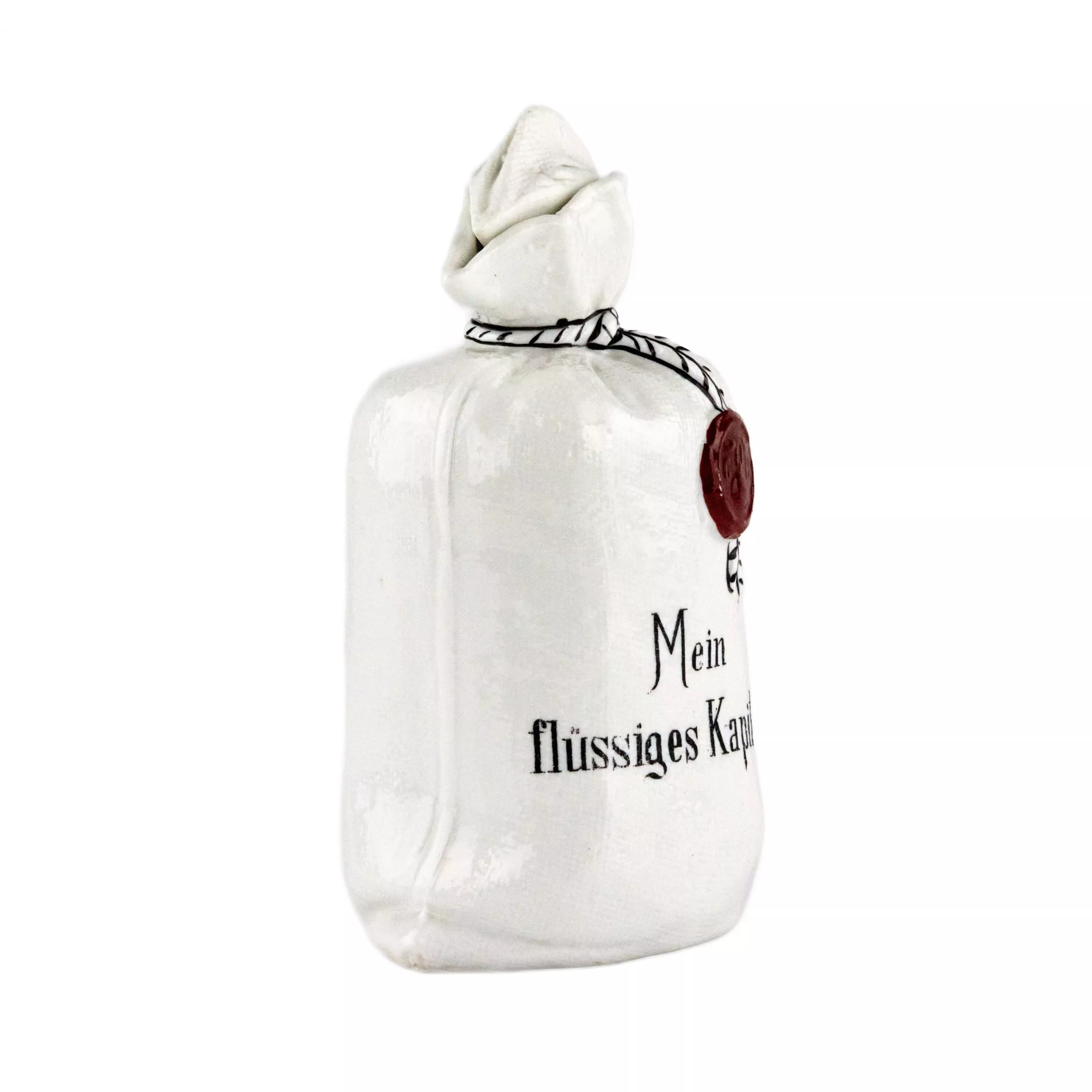 Porcelain bottle Mein flüssiges Kapital, in the shape of a canvas money bag. 