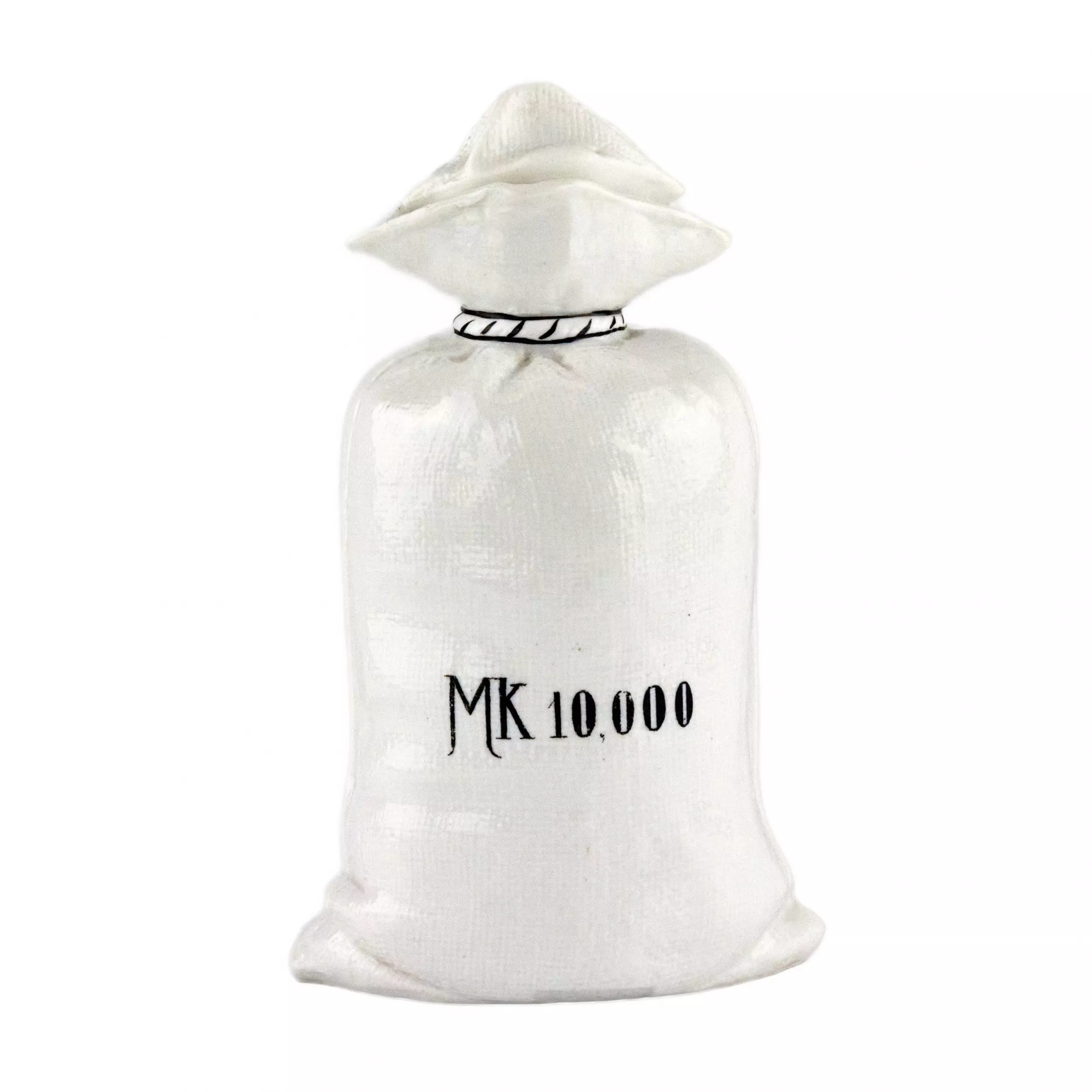 Porcelain bottle Mein flüssiges Kapital, in the shape of a canvas money bag. 