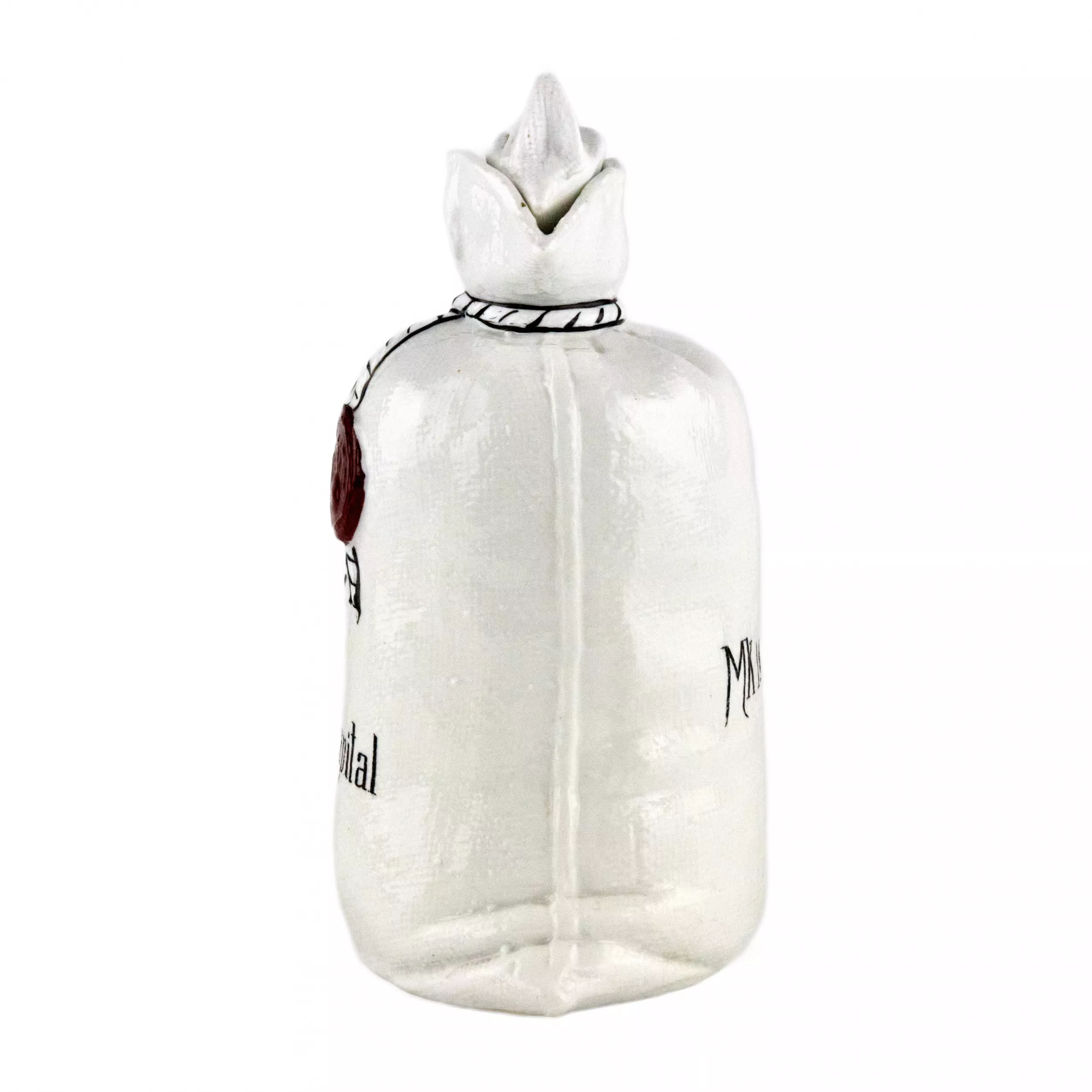 Porcelain bottle Mein flüssiges Kapital, in the shape of a canvas money bag. 