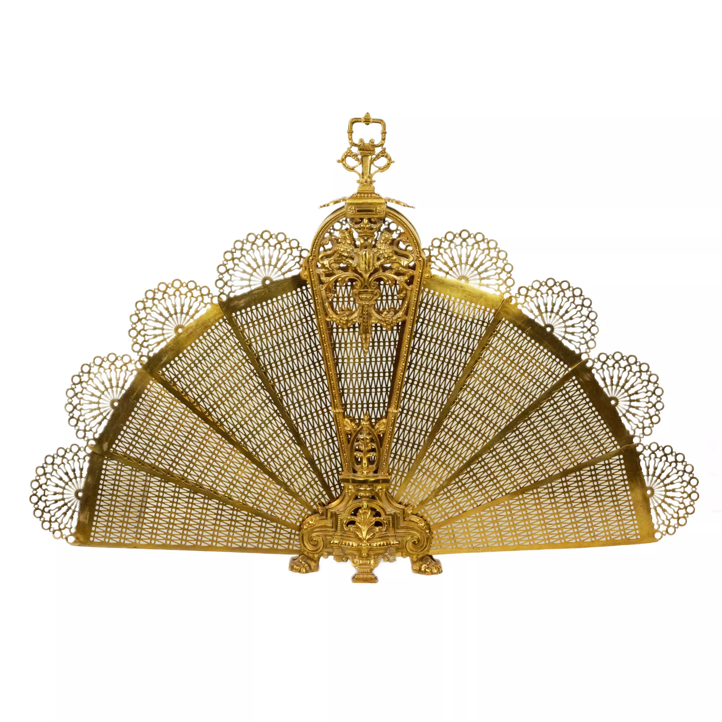 Fireplace screen in gilded bronze and brass from the 20th century. Peacock. 