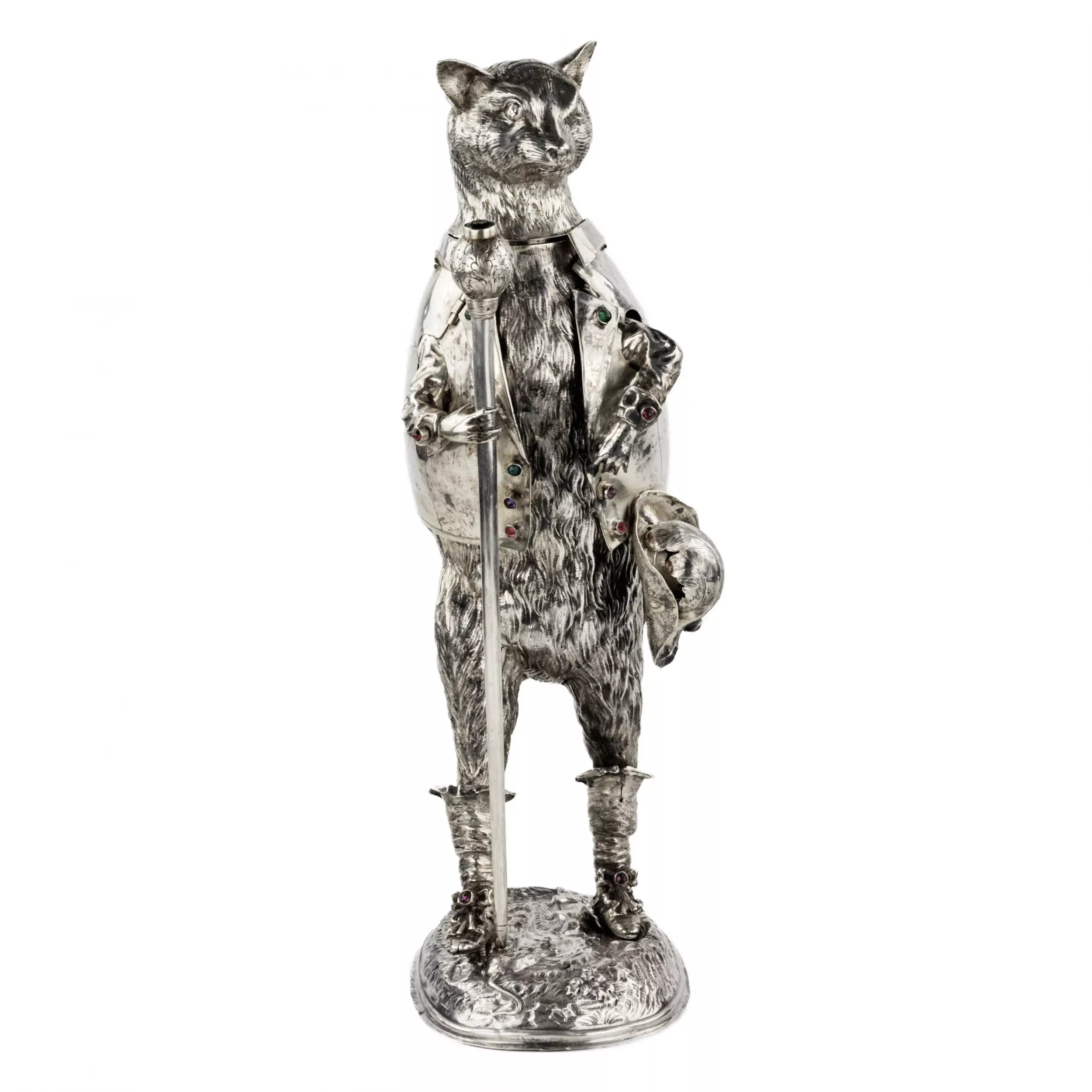 LE CHAT BOTTE. FIGURE EN ARGENT À TÊTE MOBILE, GÜNTHER GRANGESSEL ALLEMAGNE, HANAU, 1883