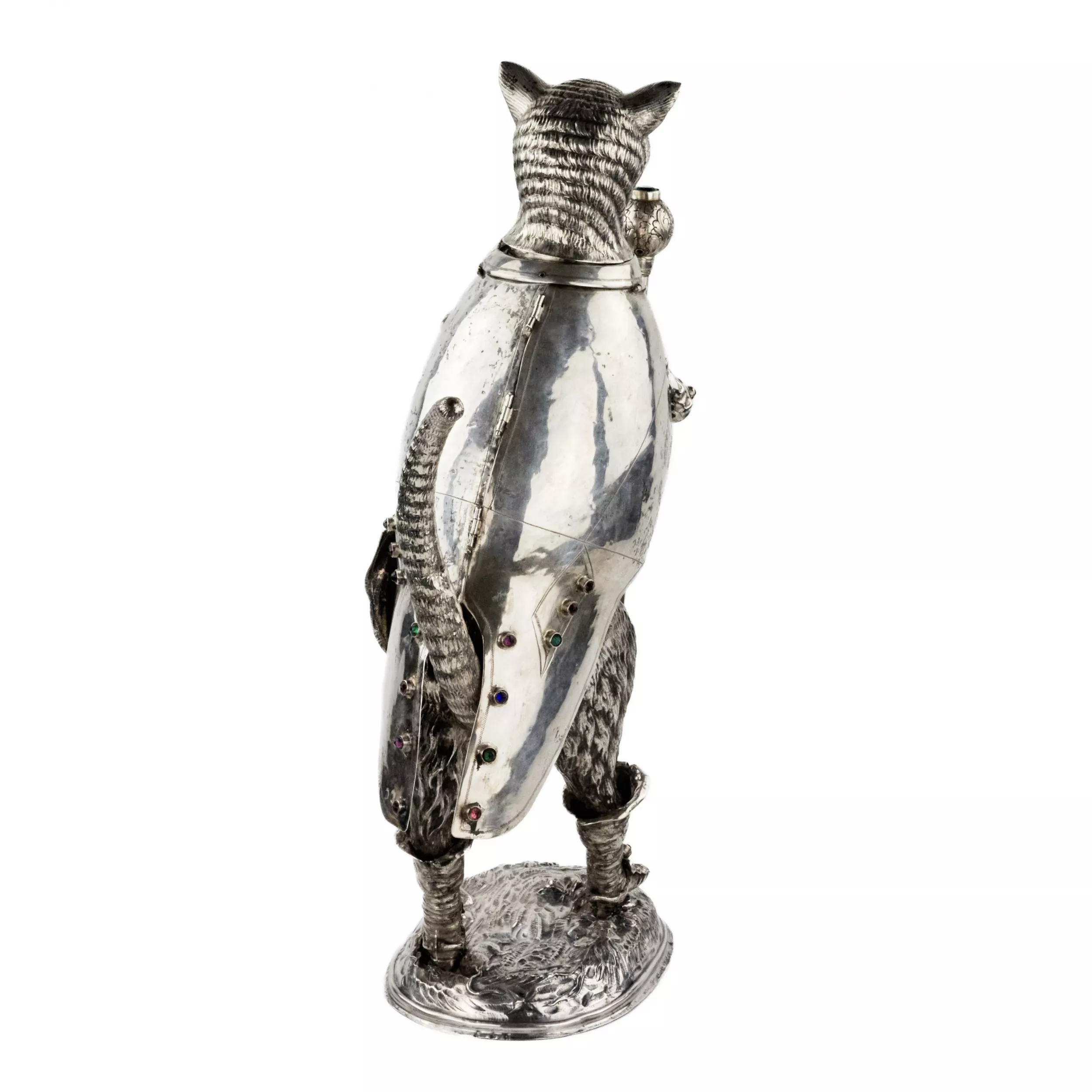 LE CHAT BOTTE. FIGURE EN ARGENT À TÊTE MOBILE, GÜNTHER GRANGESSEL ALLEMAGNE, HANAU, 1883