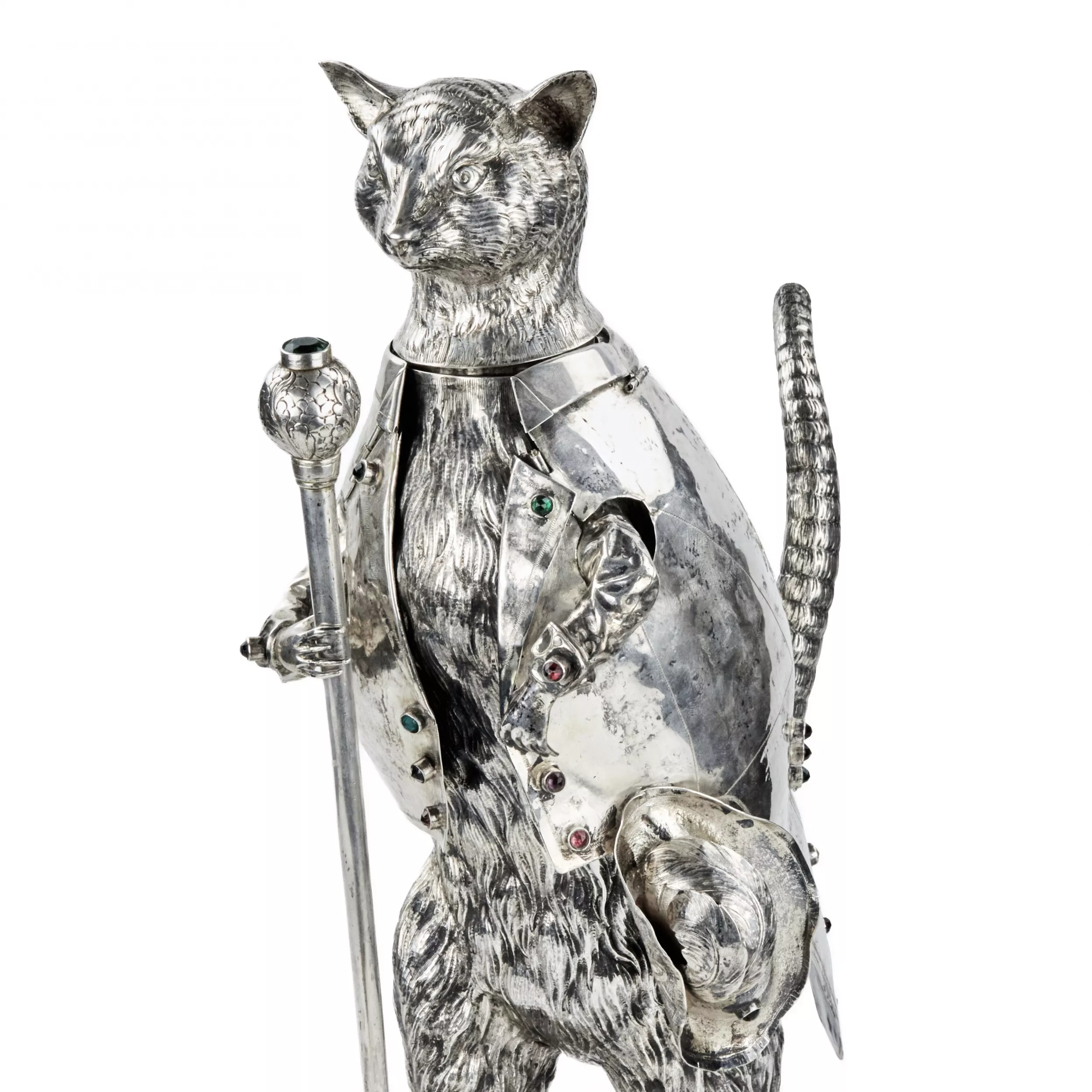 LE CHAT BOTTE. FIGURE EN ARGENT À TÊTE MOBILE, GÜNTHER GRANGESSEL ALLEMAGNE, HANAU, 1883