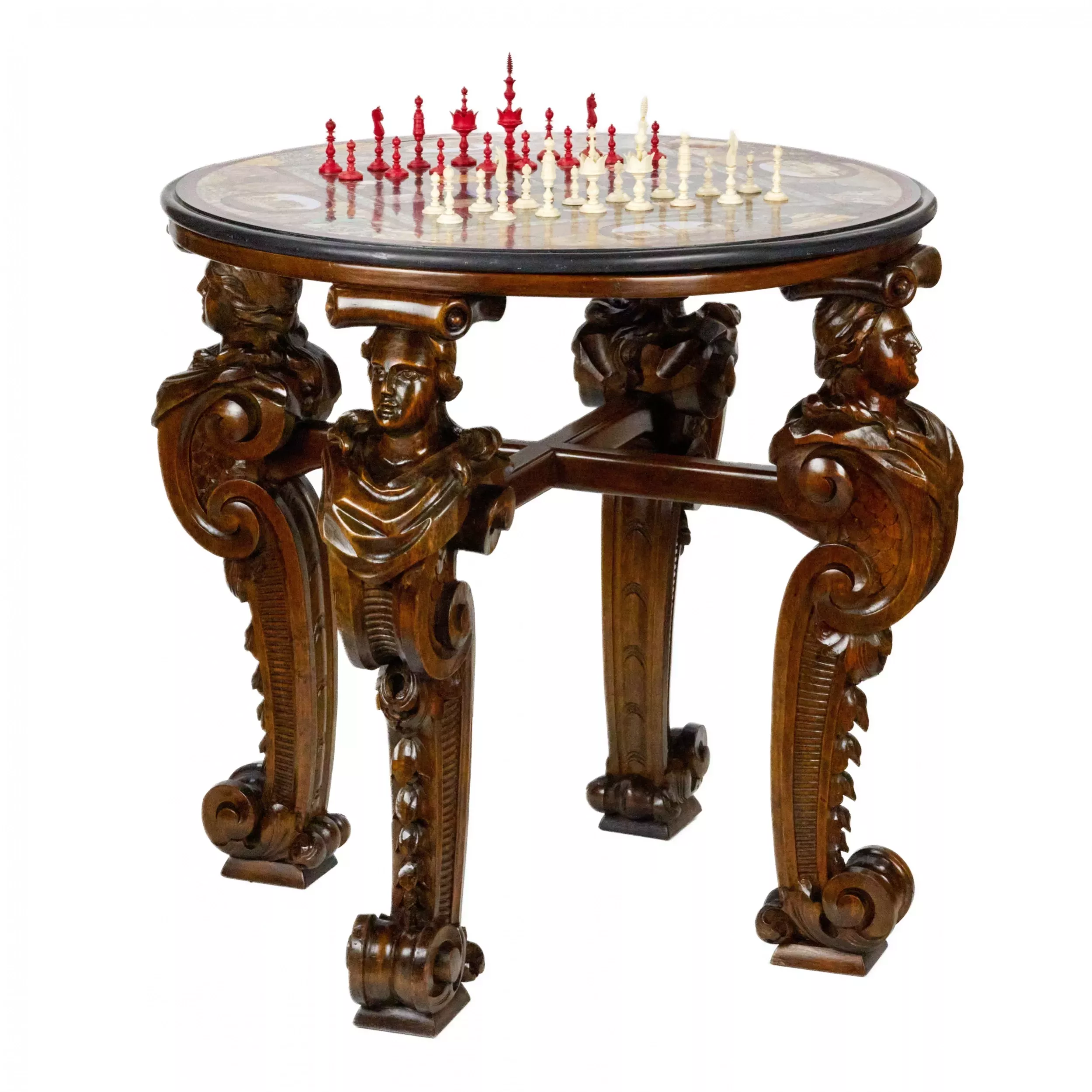 IMPRESSIVE CHESS TABLE WITH PRECIOUS ROMAN MOSAIC ON CARVED LEGS. ITALY. 19TH CENTURY