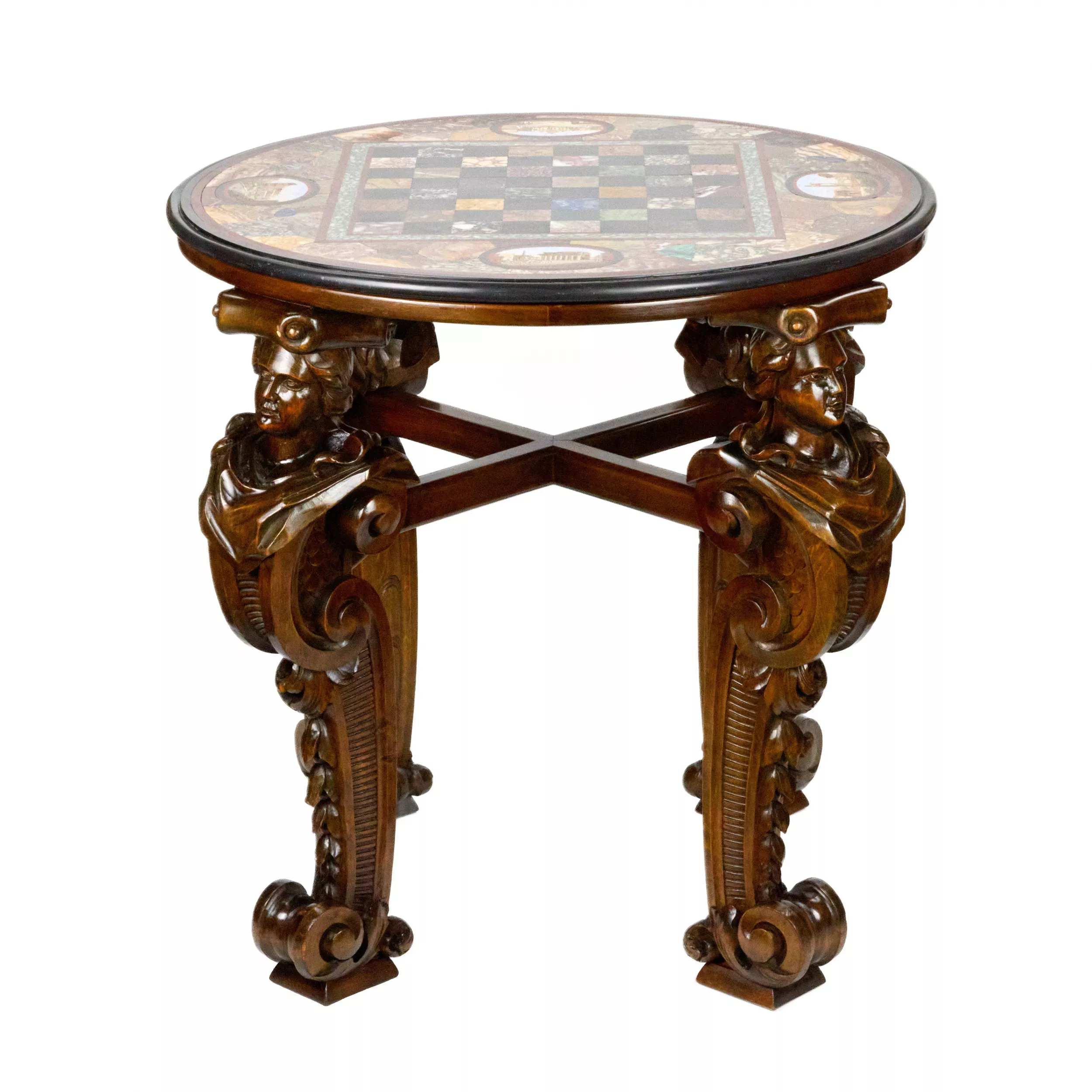 IMPRESSIVE CHESS TABLE WITH PRECIOUS ROMAN MOSAIC ON CARVED LEGS. ITALY. 19TH CENTURY