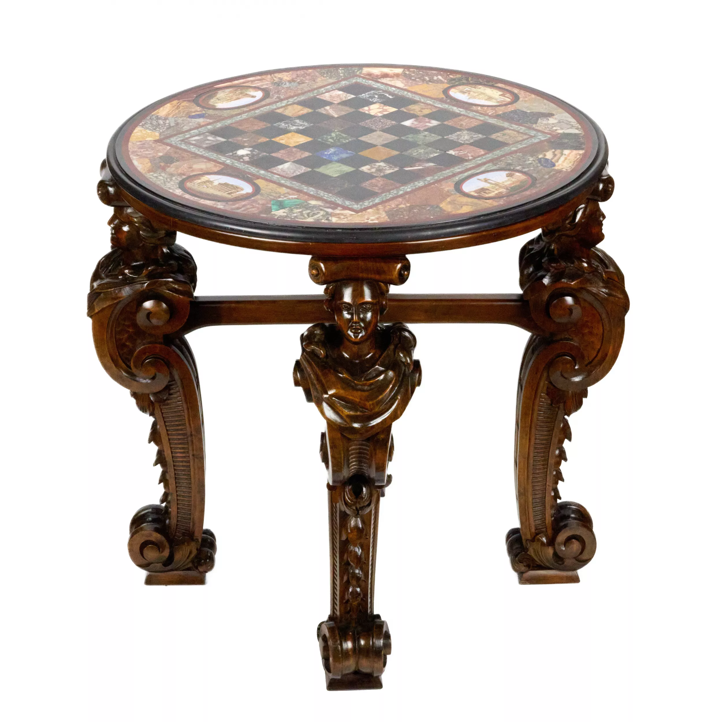 IMPRESSIVE CHESS TABLE WITH PRECIOUS ROMAN MOSAIC ON CARVED LEGS. ITALY. 19TH CENTURY