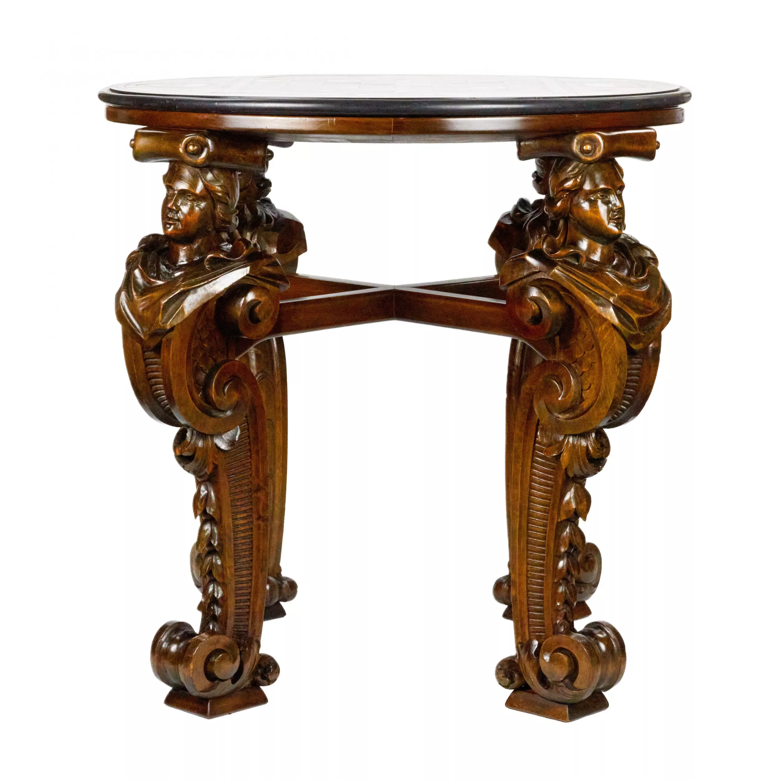 IMPRESSIVE CHESS TABLE WITH PRECIOUS ROMAN MOSAIC ON CARVED LEGS. ITALY. 19TH CENTURY