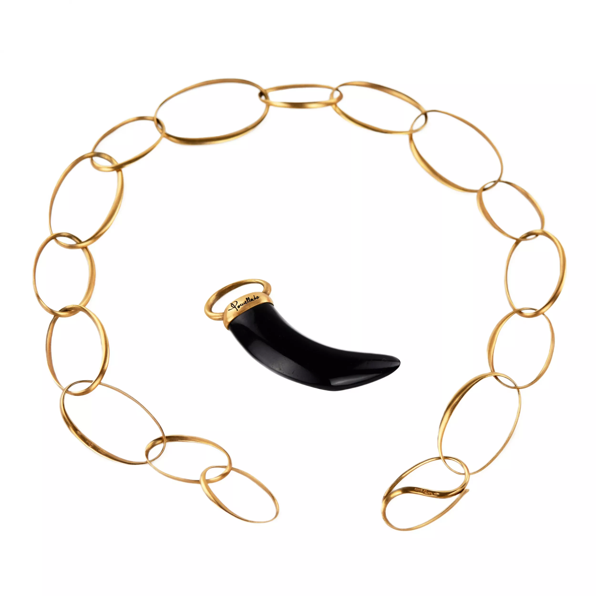 Pomellato gold necklace, Victoria Collection. Horn pendant in jet, 18k rose gold. 