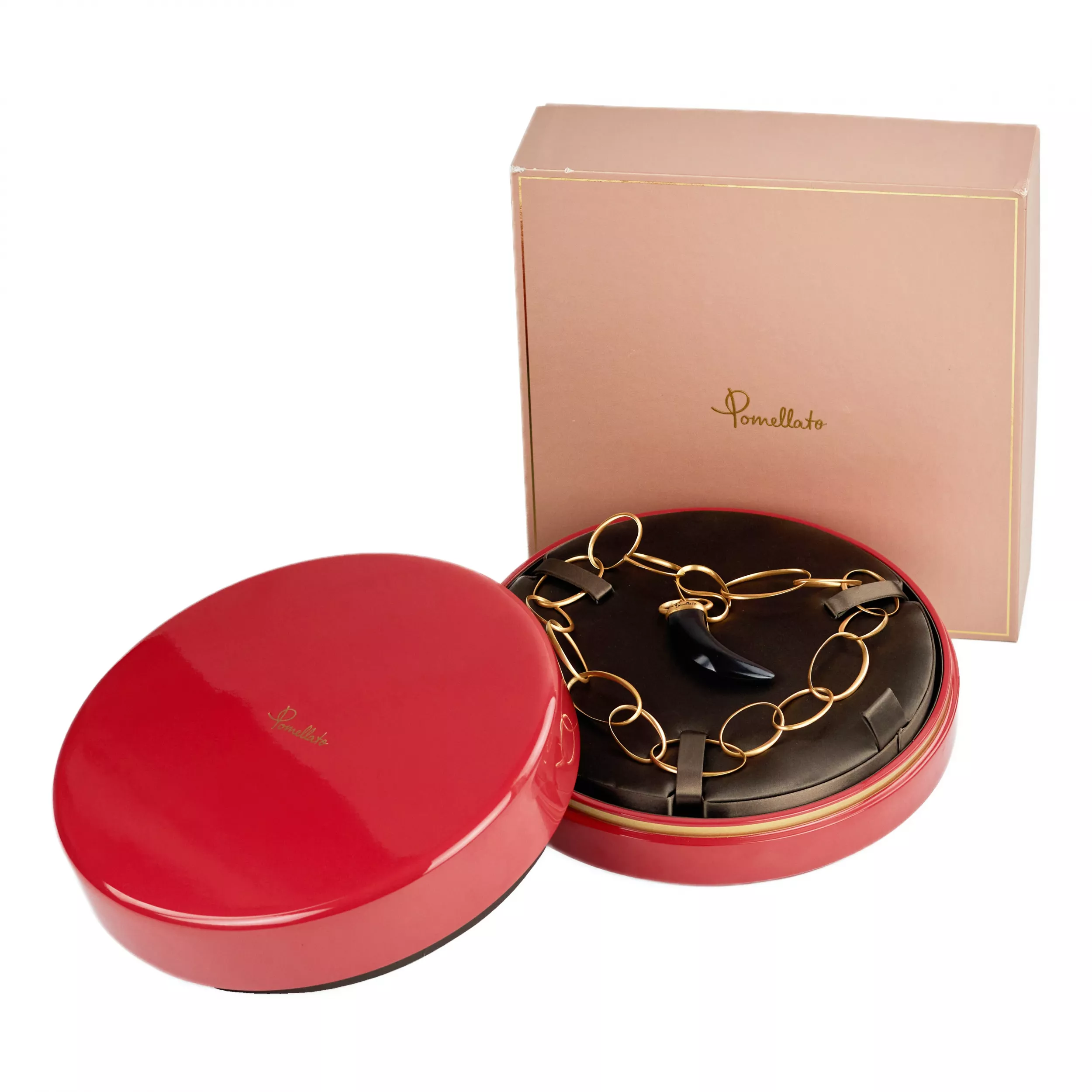 Pomellato gold necklace, Victoria Collection. Horn pendant in jet, 18k rose gold. 