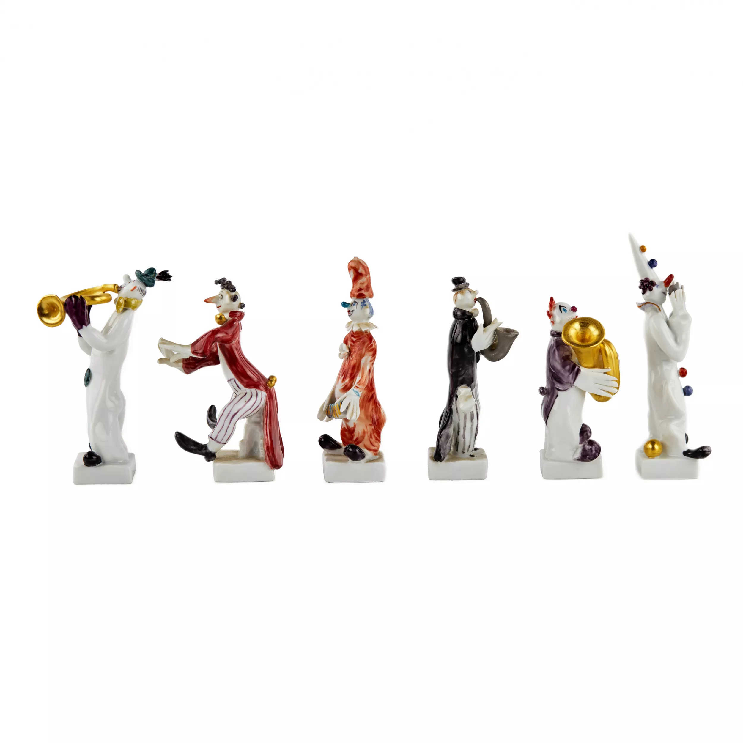 Pierre Strang. Six joyeux clowns en porcelaine - musiciens. MEISSEN. 