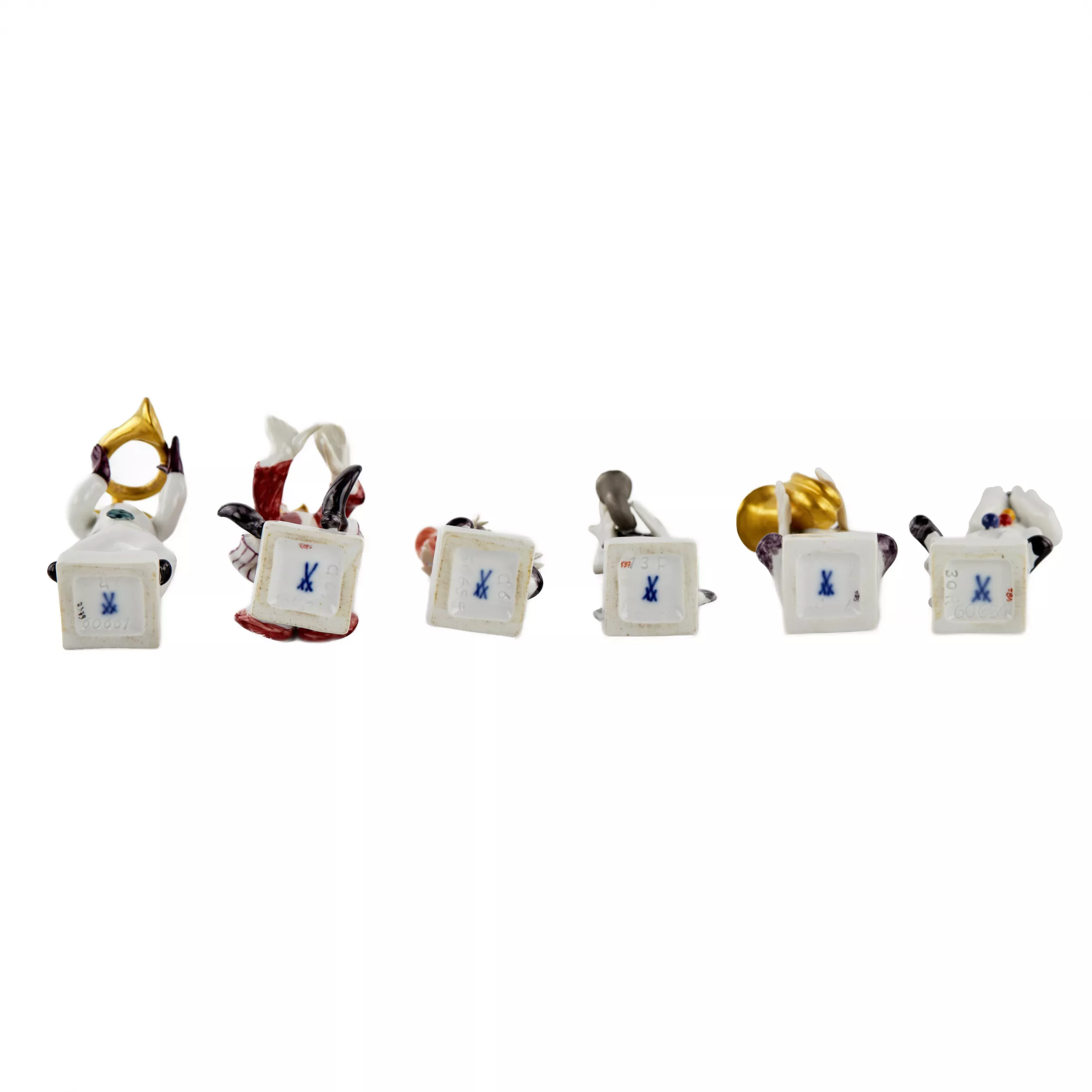 Pierre Strang. Six joyeux clowns en porcelaine - musiciens. MEISSEN. 