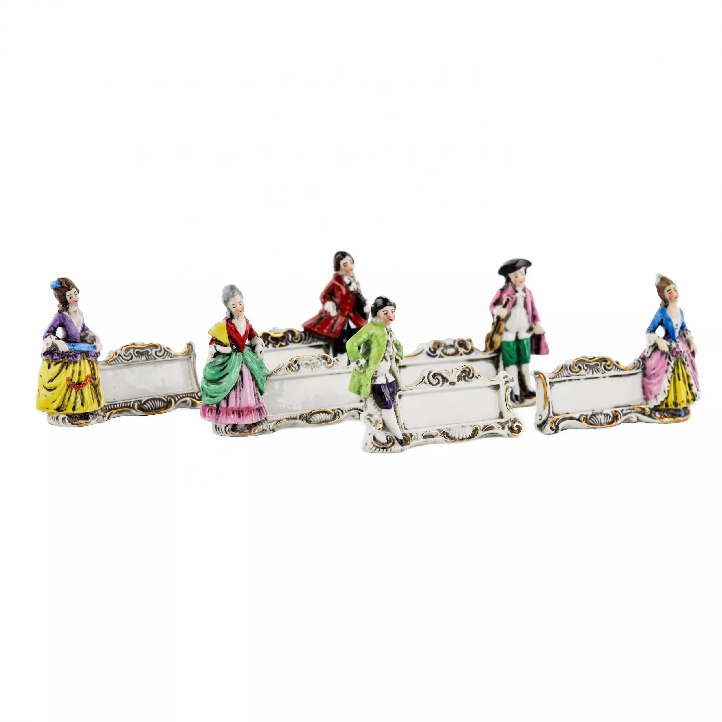 Six figurines en porcelaine pour cartes de place pour la table. Allemagne. 20ième siècle. 