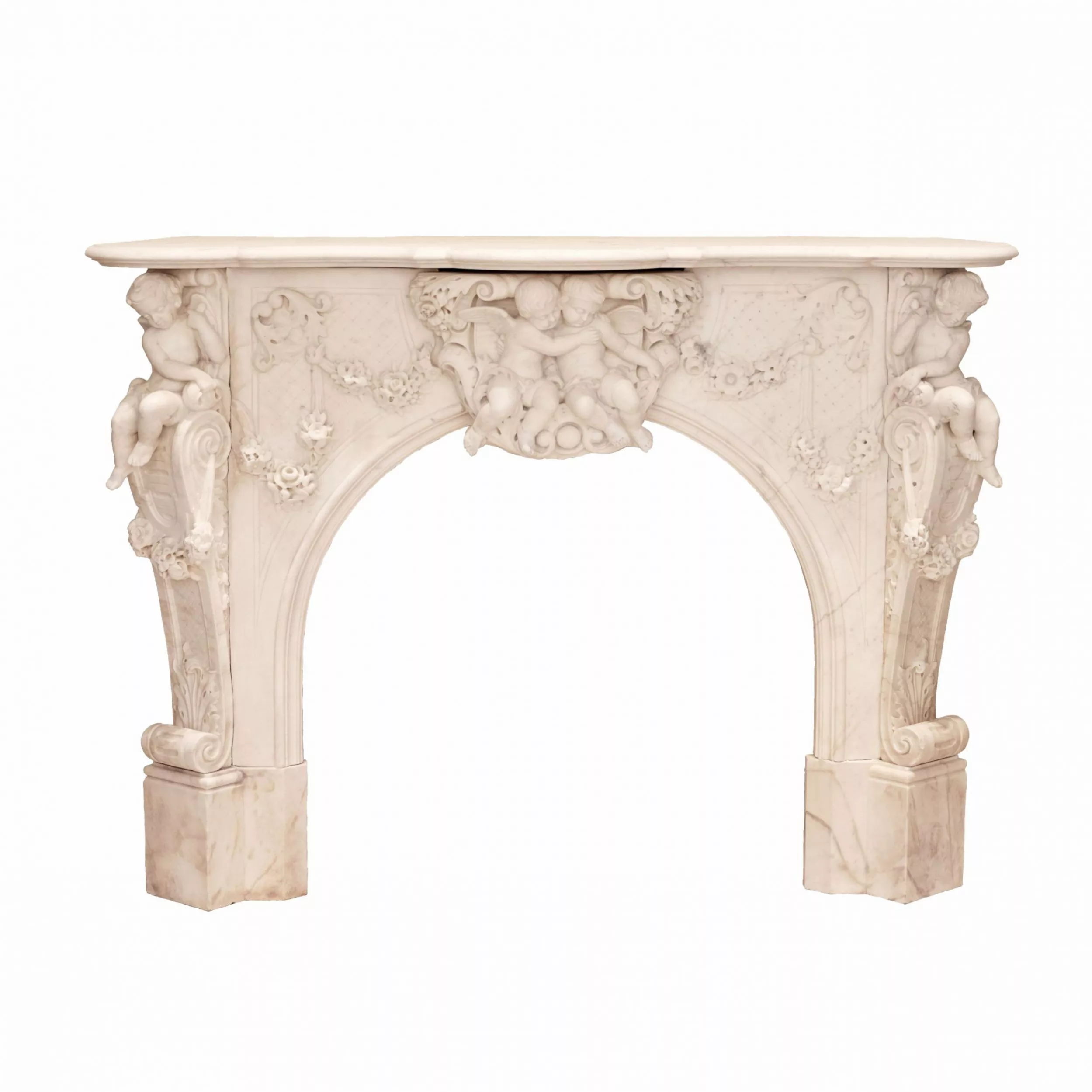 GRANDE CHEMINÉE FRANÇAISE EN MARBRE BLANC DE STYLE LOUIS XV FRANCE, TROISIÈME QUART DU XIXᵉ SIÈCLE