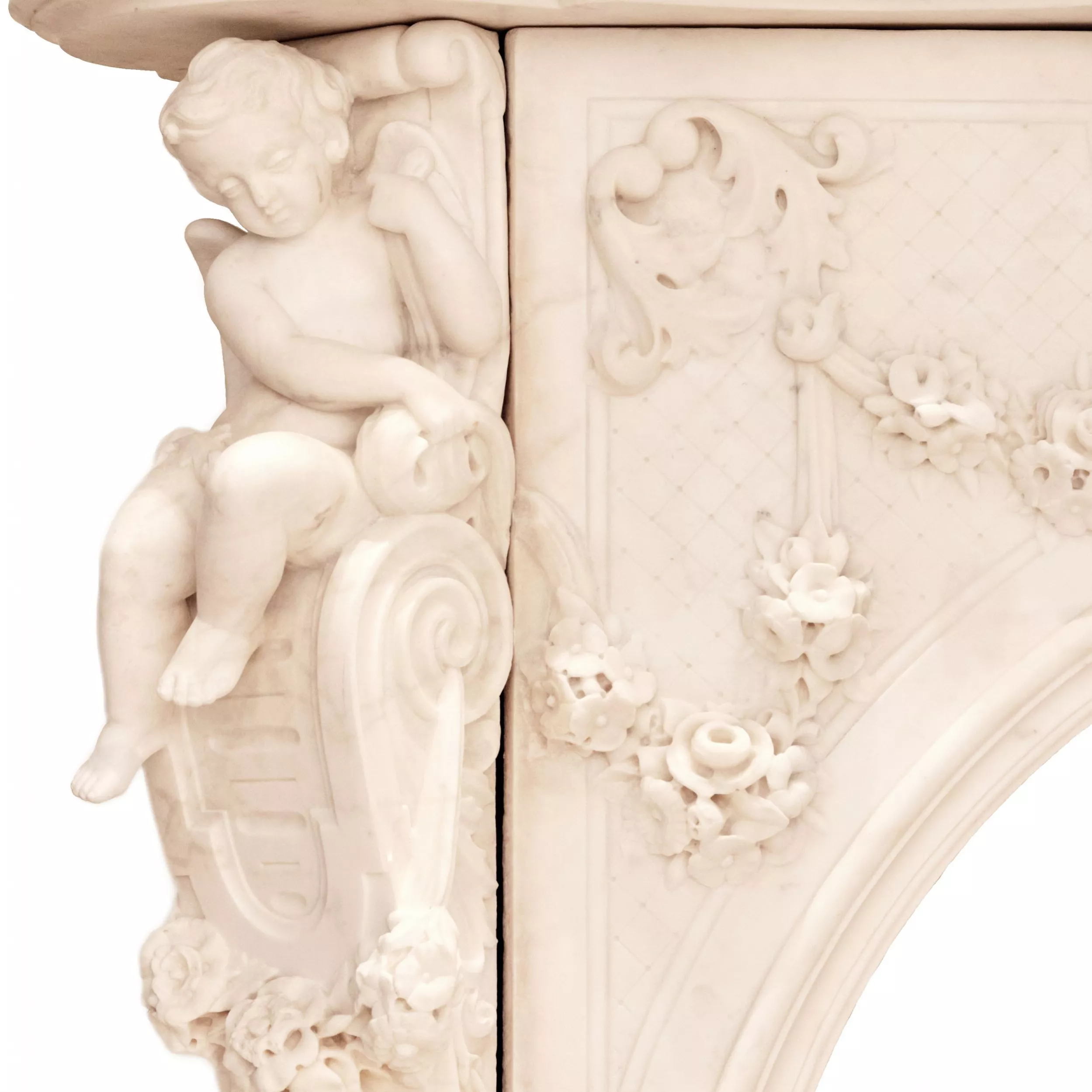 GRANDE CHEMINÉE FRANÇAISE EN MARBRE BLANC DE STYLE LOUIS XV FRANCE, TROISIÈME QUART DU XIXᵉ SIÈCLE