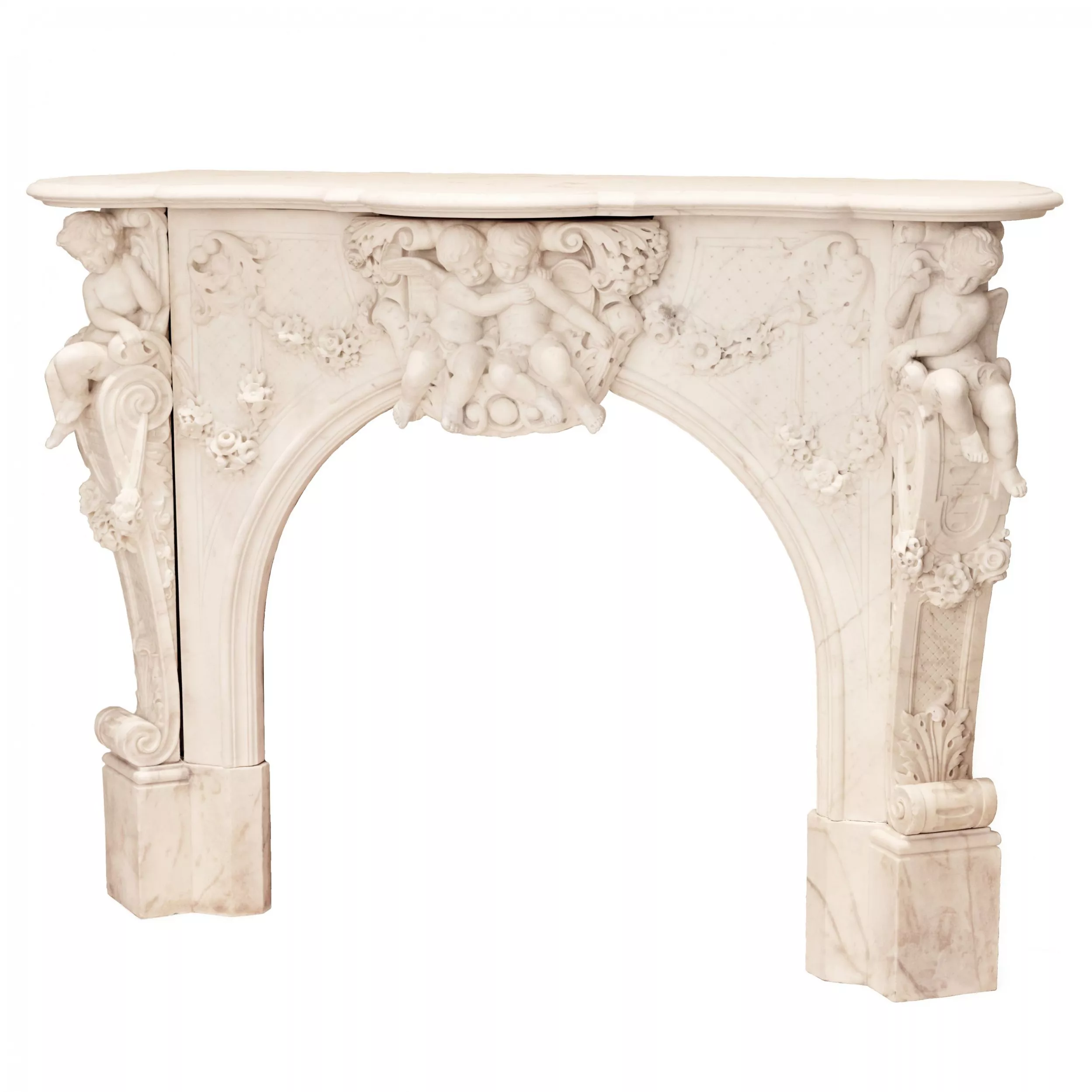 GRANDE CHEMINÉE FRANÇAISE EN MARBRE BLANC DE STYLE LOUIS XV FRANCE, TROISIÈME QUART DU XIXᵉ SIÈCLE