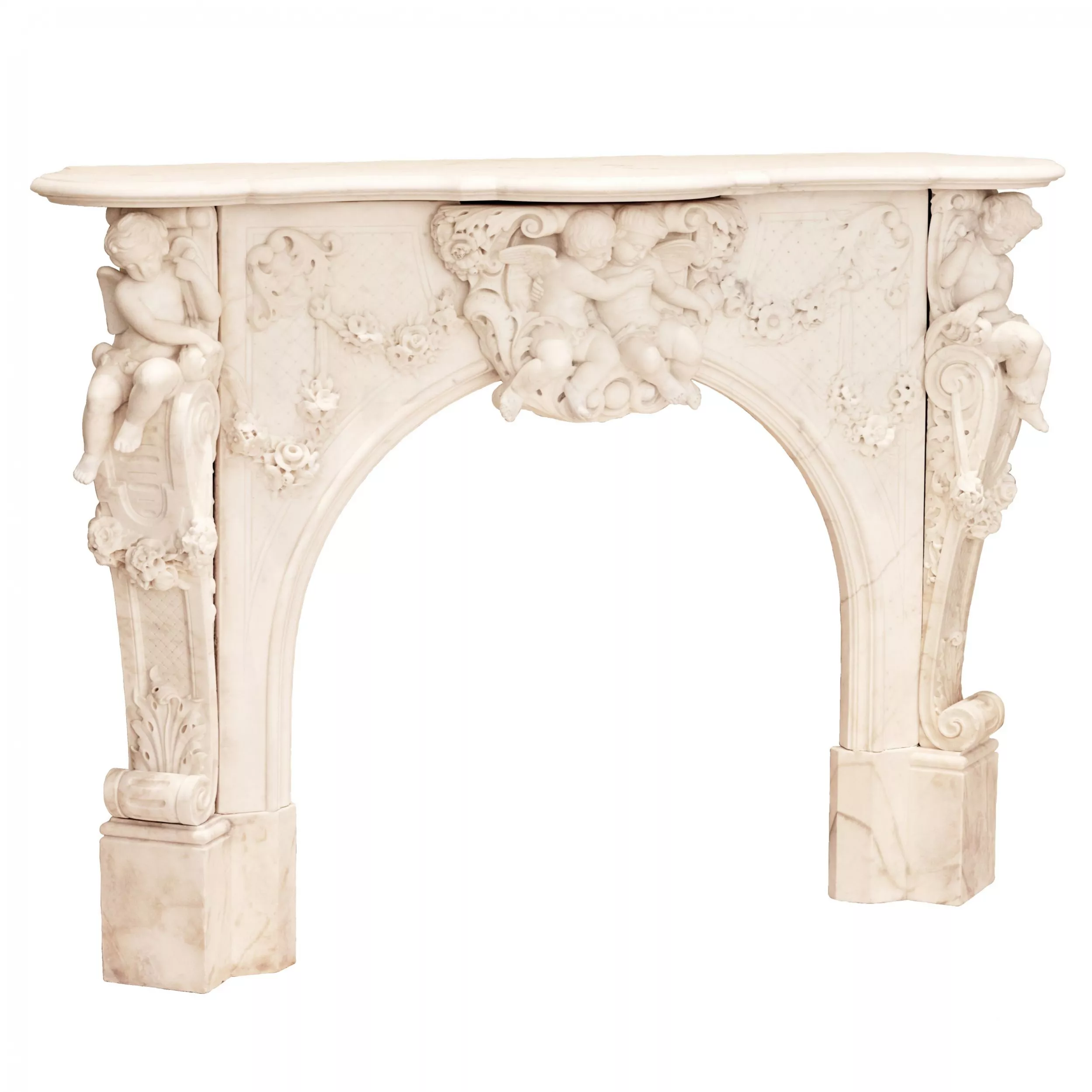 GRANDE CHEMINÉE FRANÇAISE EN MARBRE BLANC DE STYLE LOUIS XV FRANCE, TROISIÈME QUART DU XIXᵉ SIÈCLE