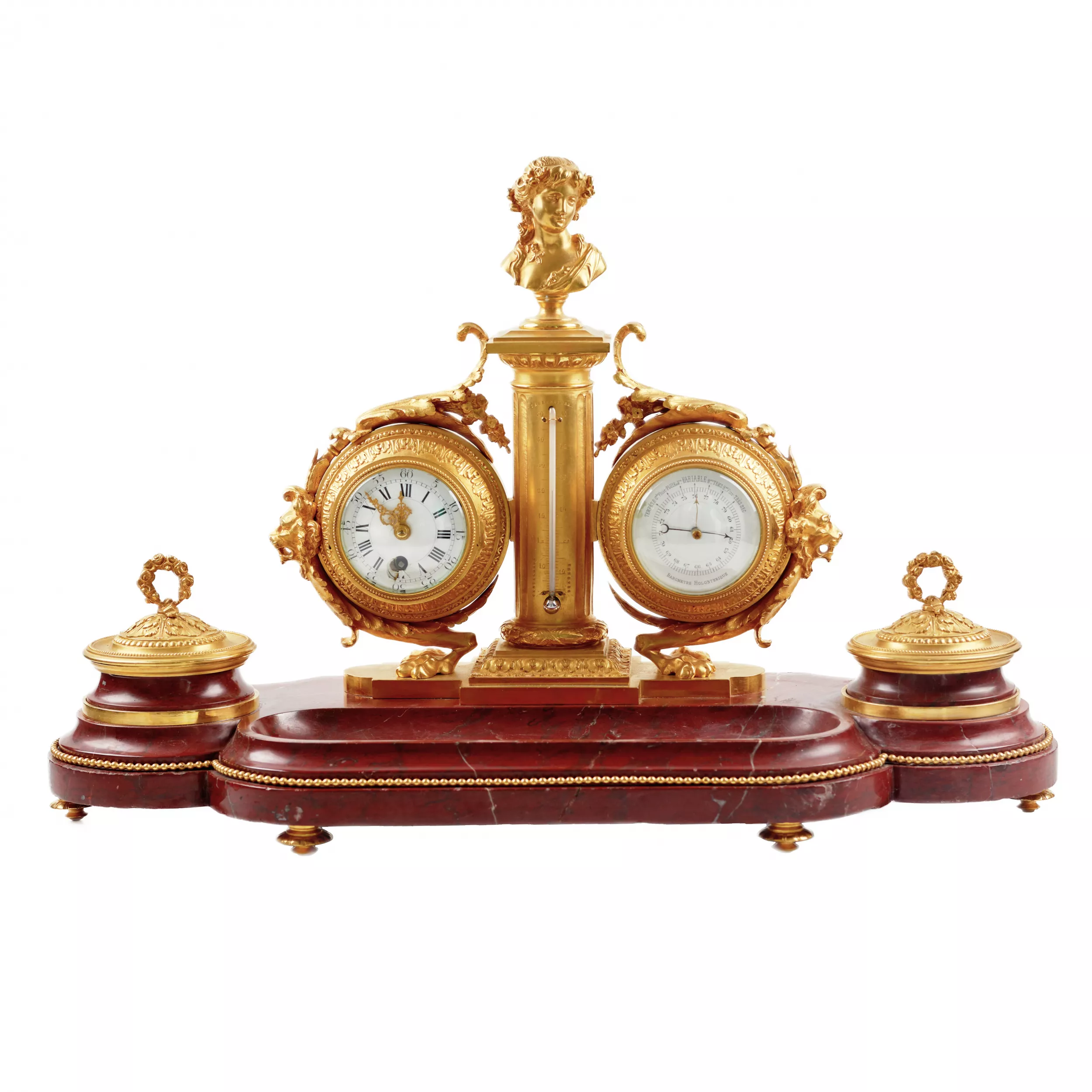 Necessaire d`ecriture en marbre merisier, bronze dore : horloge, thermomètre et baromètre. 19ème siècle. 